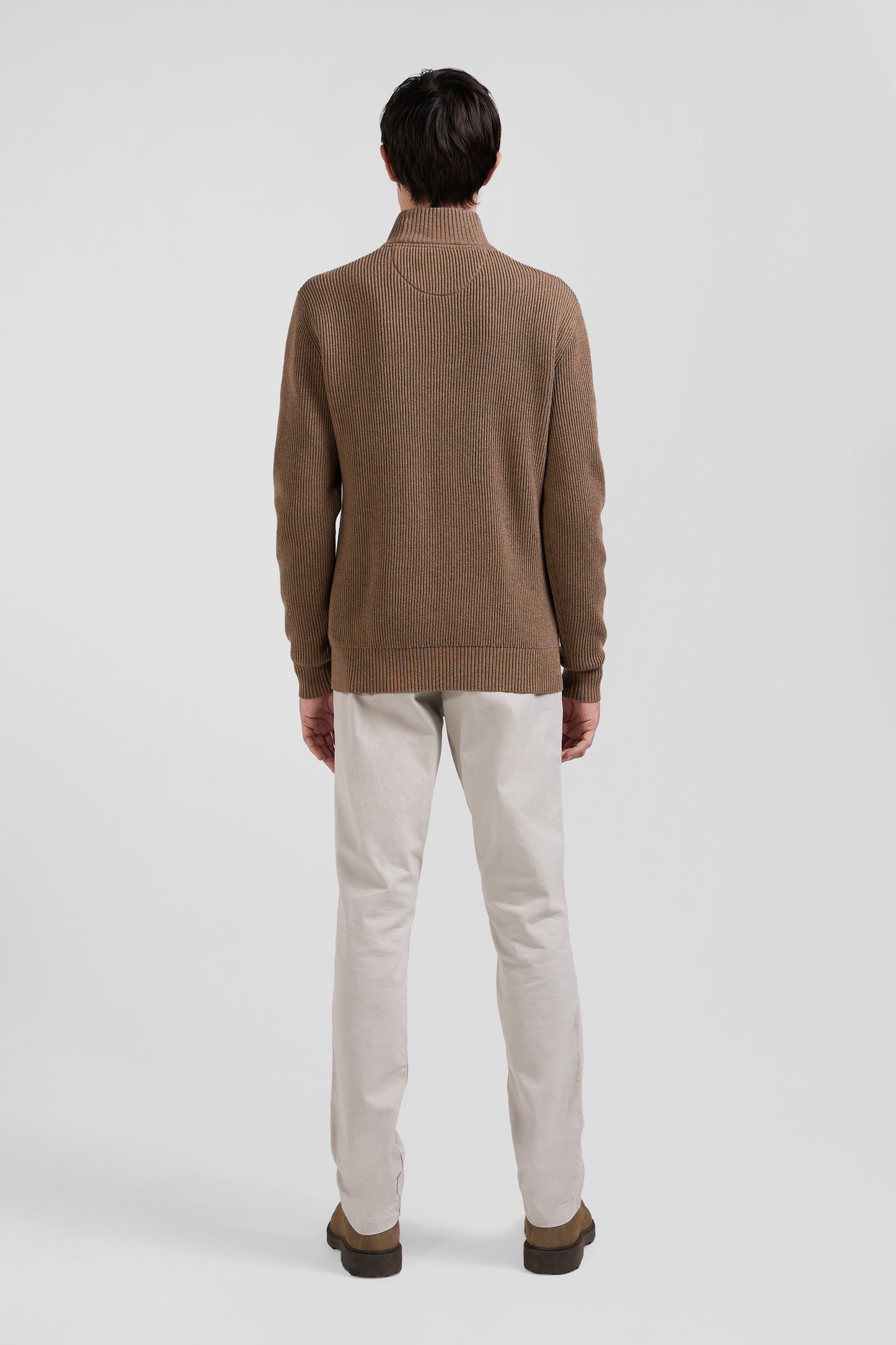 Regular brown wool and cotton high-neck jumper