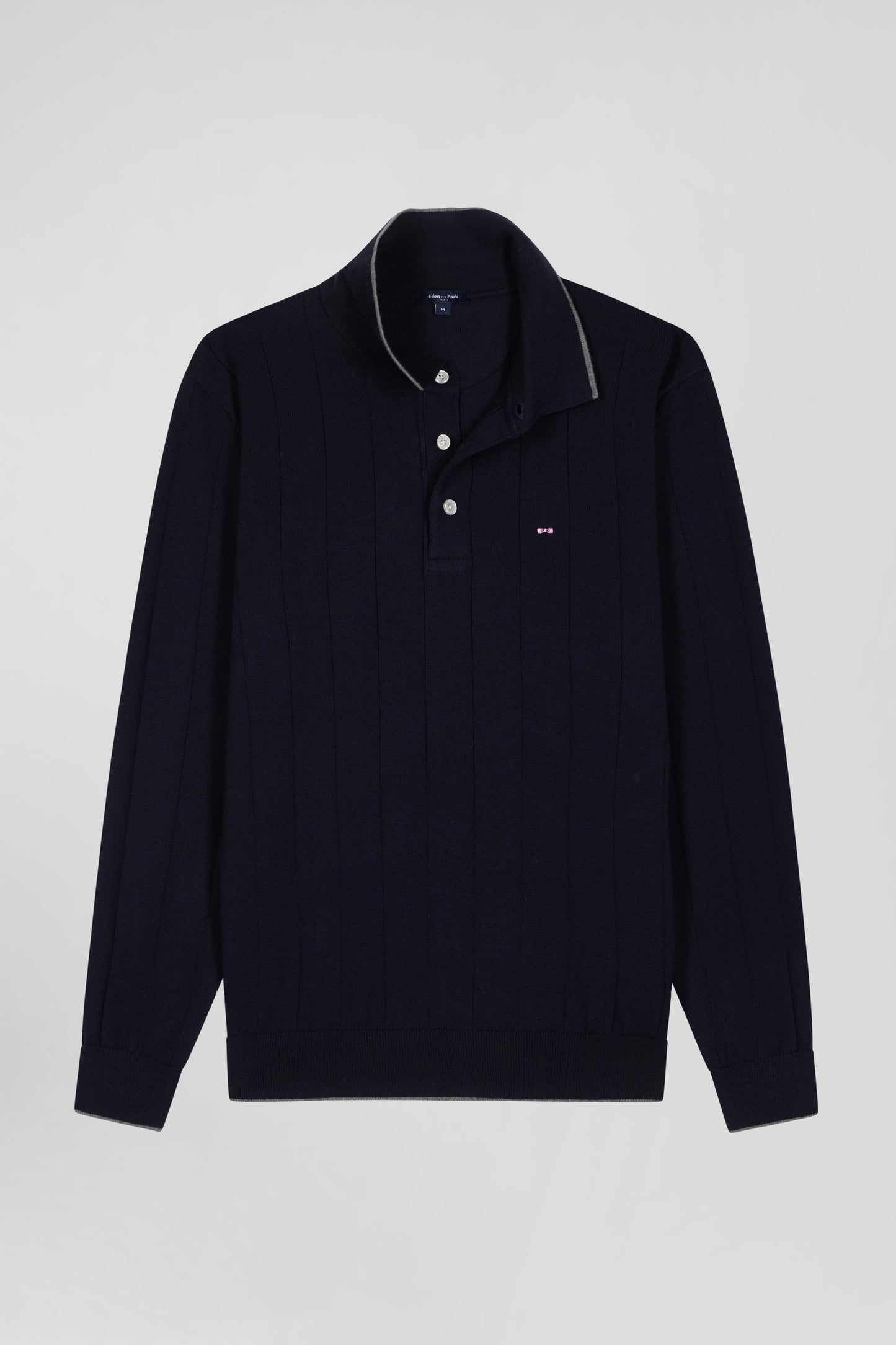 Regular navy blue cotton and cashmere jumper with rugby shirt collar