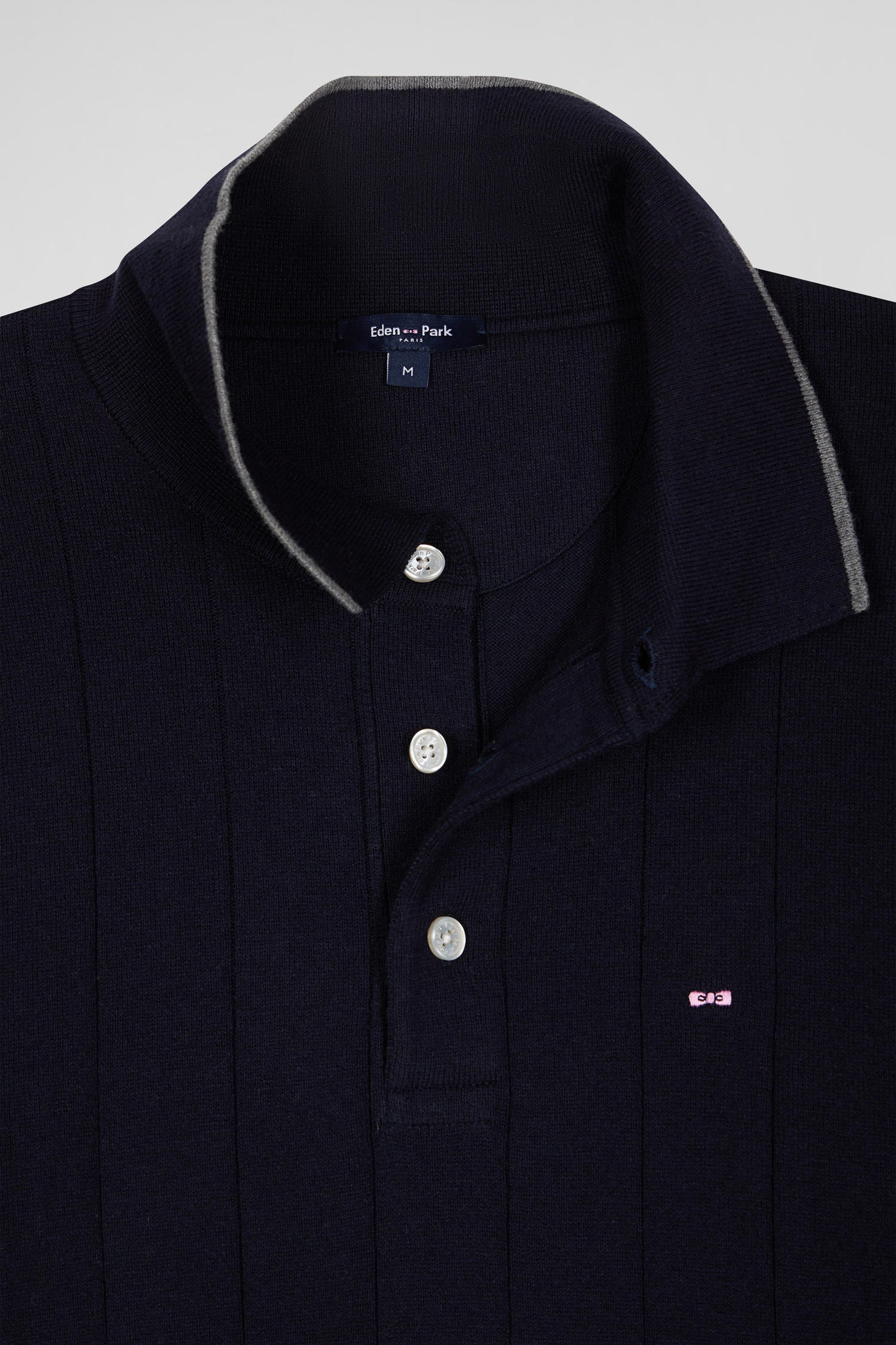 Regular navy blue cotton and cashmere jumper with rugby shirt collar