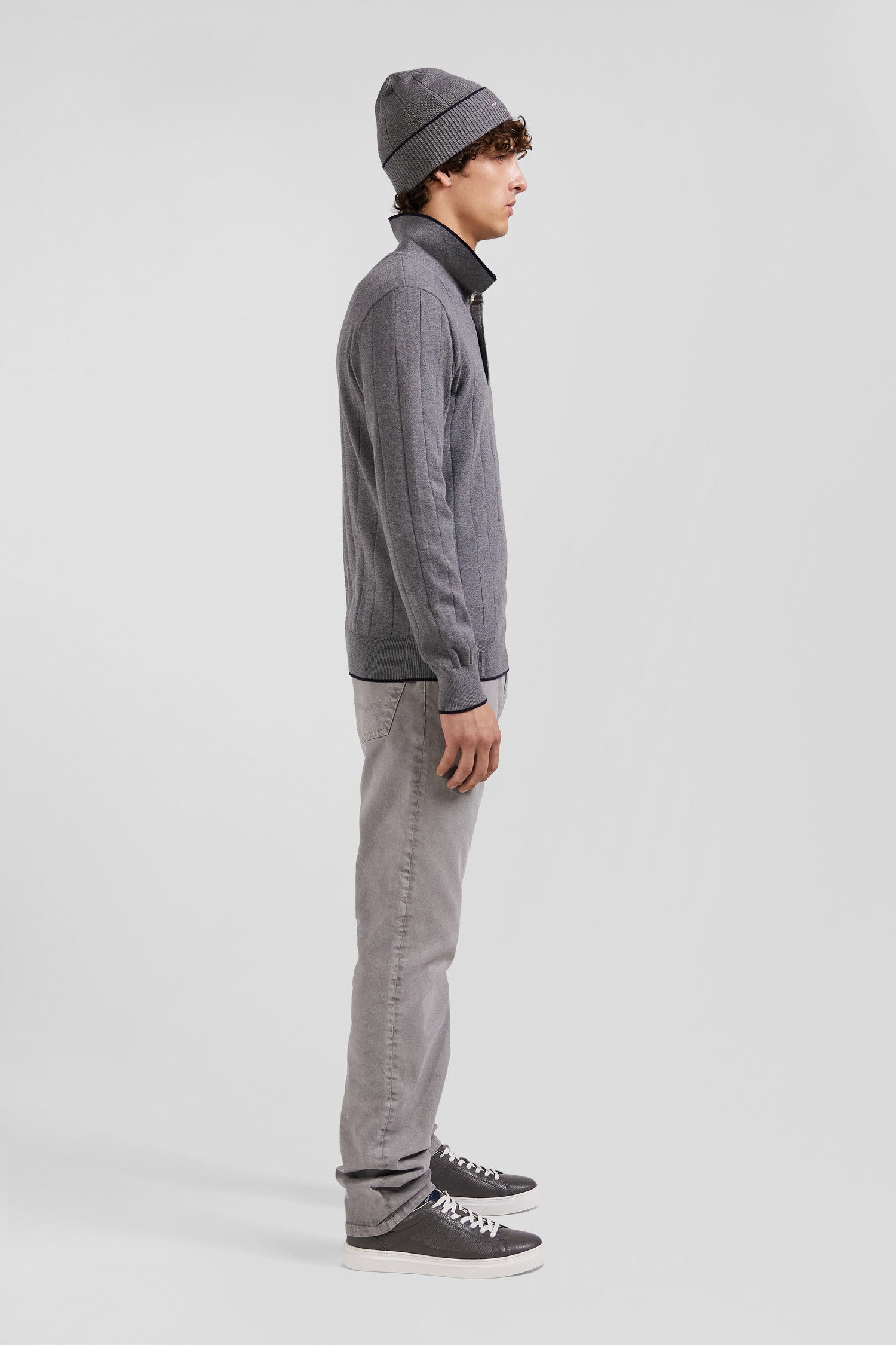 Regular grey cotton and cashmere jumper with rugby shirt collar