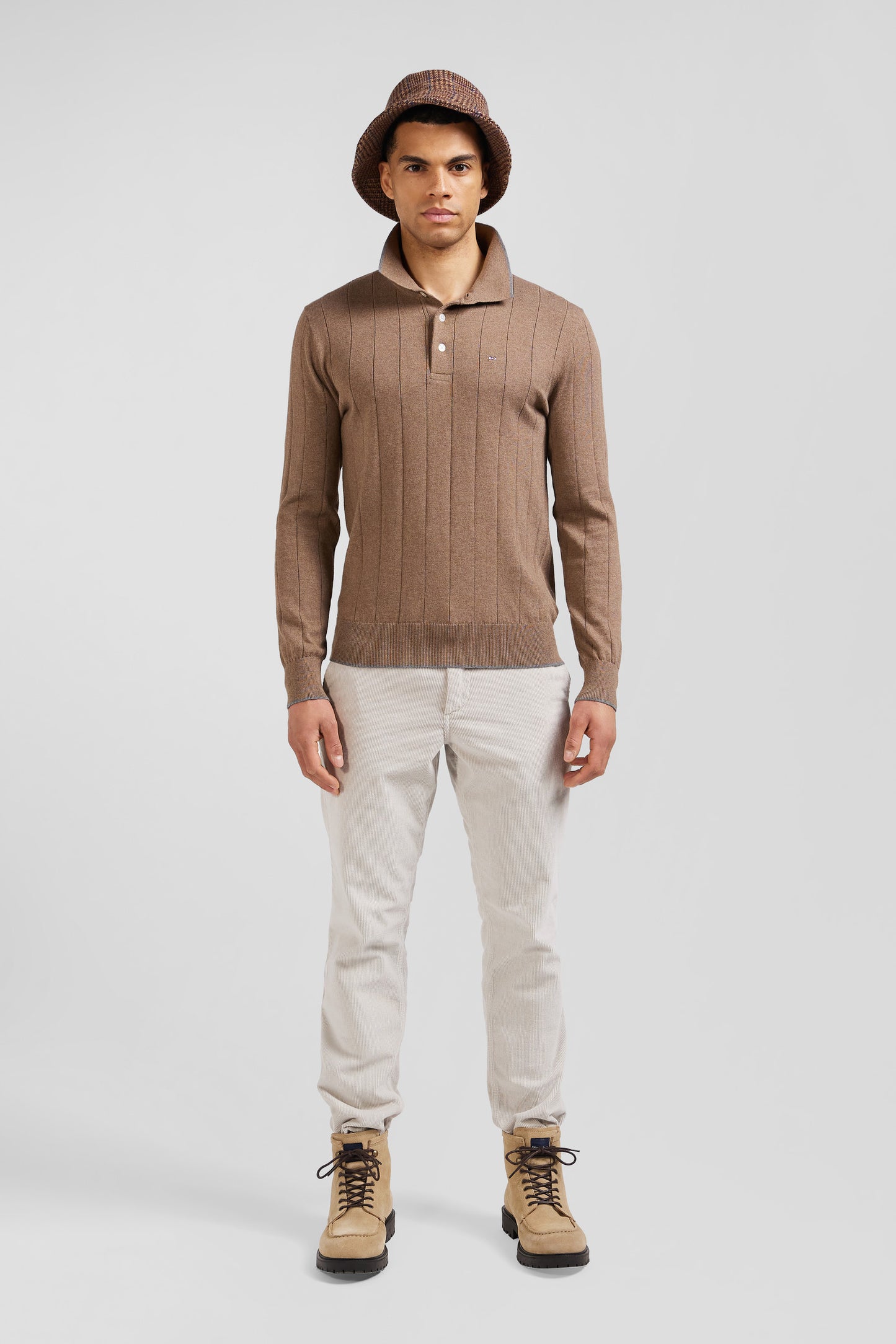 Regular brown cotton and cashmere jumper with rugby shirt collar