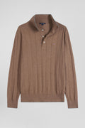 Regular brown cotton and cashmere jumper with rugby shirt collar