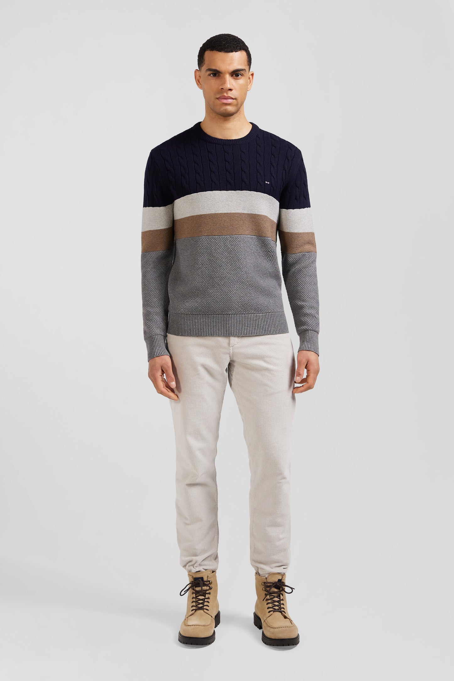 Regular grey wool and cotton crew neck jumper with knit patterns