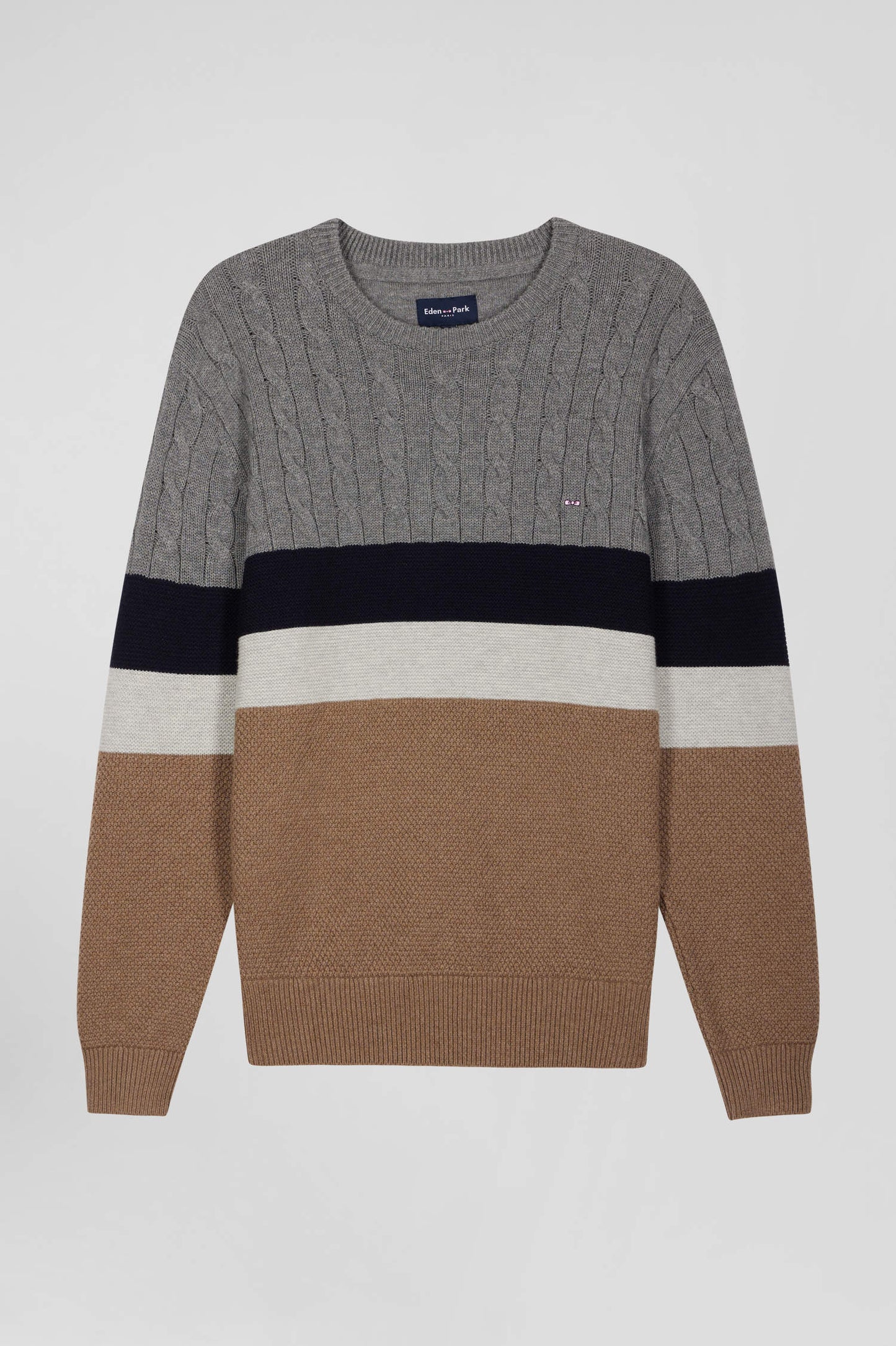 Regular brown wool and cotton crew neck jumper with knit patterns