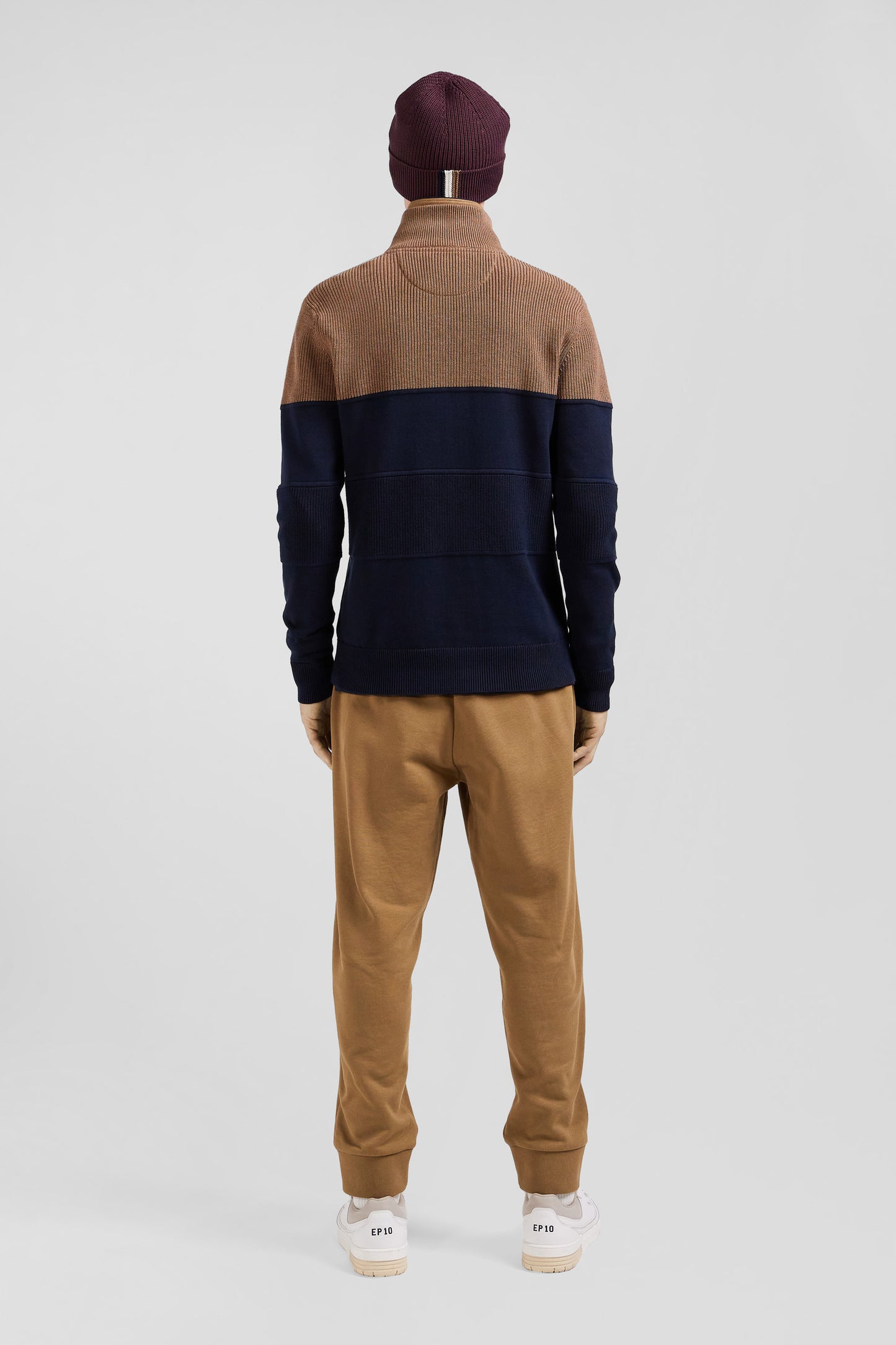 Regular camel cotton semi-zipped jumper with knit patterns