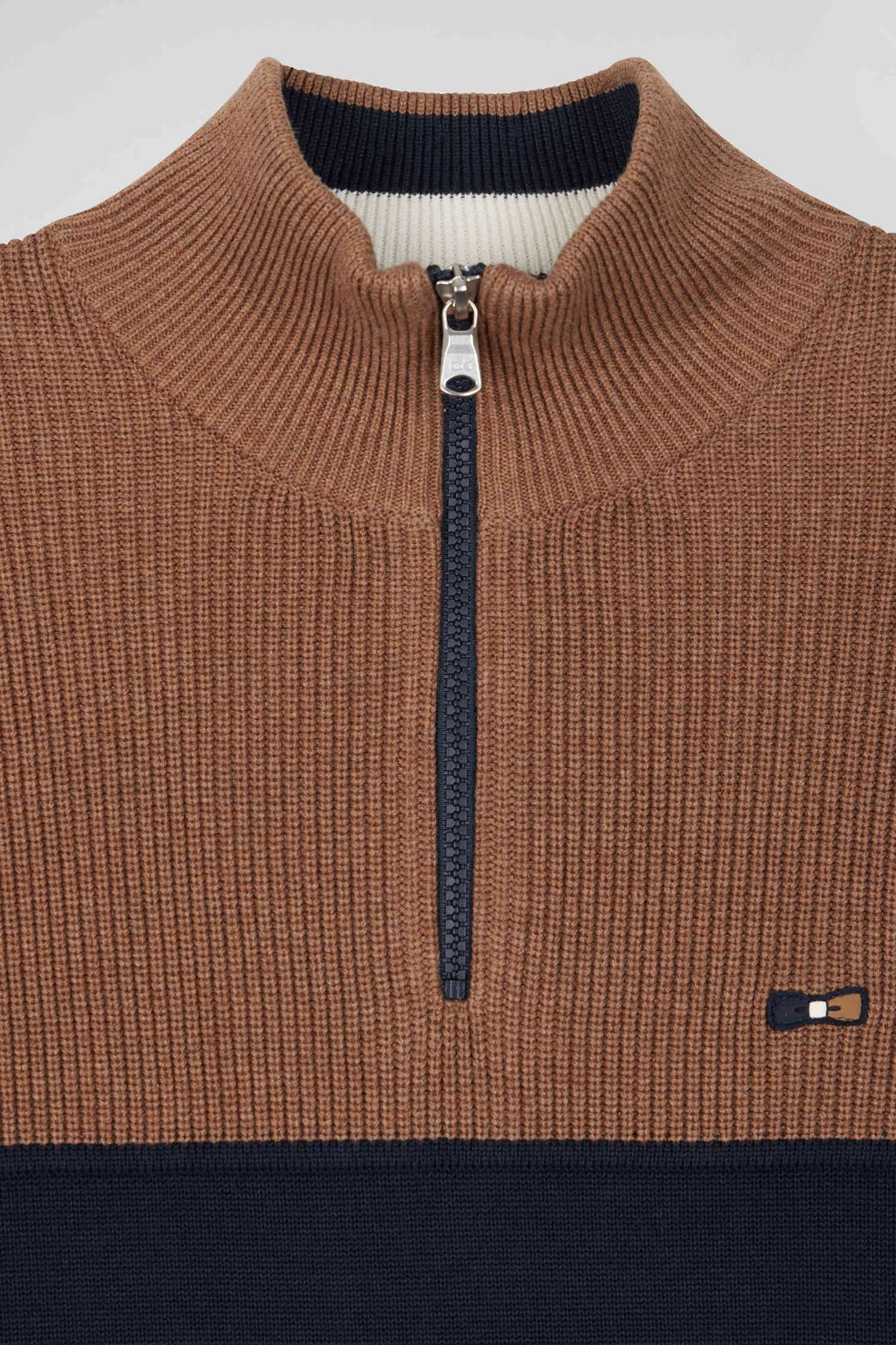 Hazelnut cotton trucker-neck sweater with regular-fit knitwear.