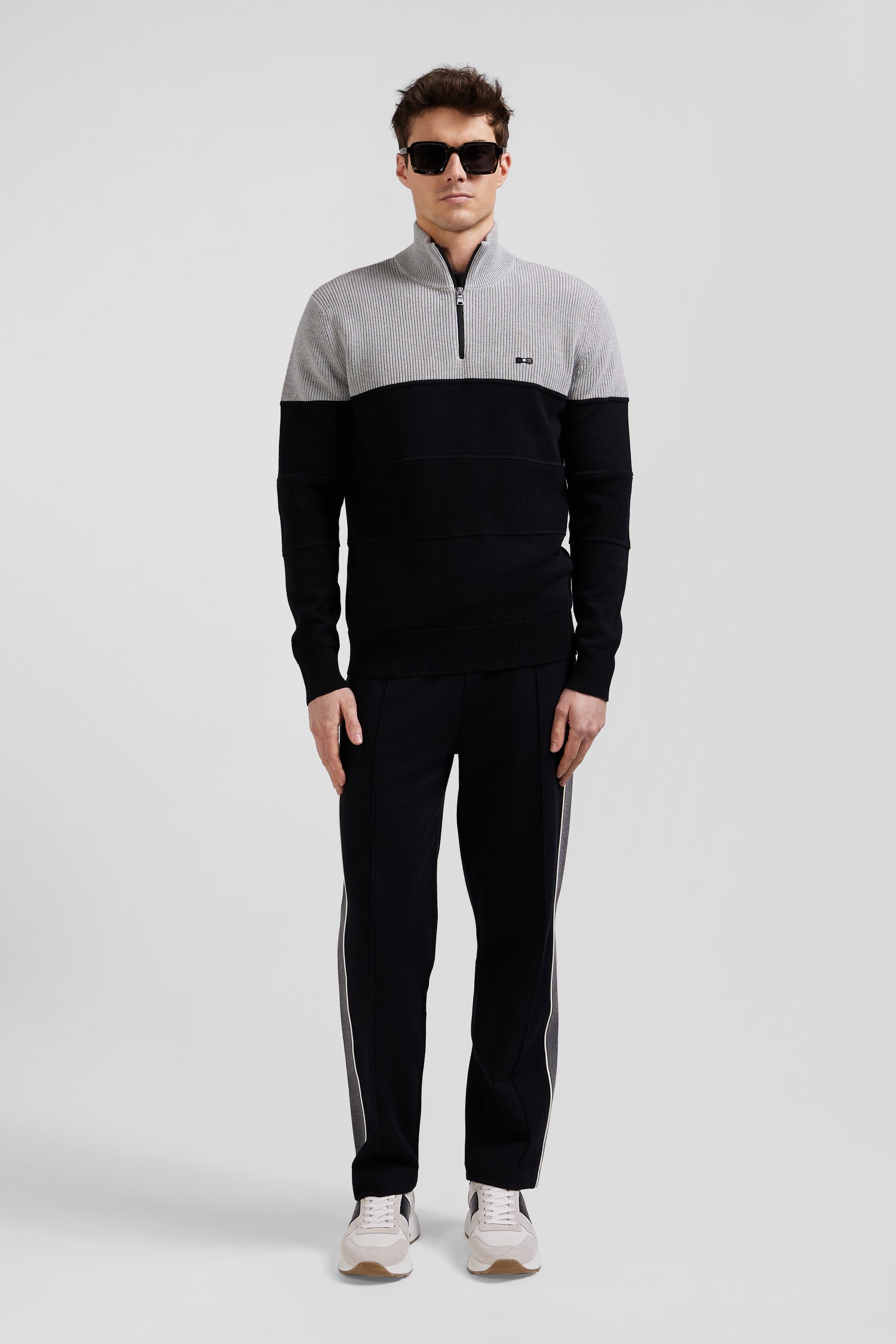 Grey cotton half-zip jumper with knit details Regular fit