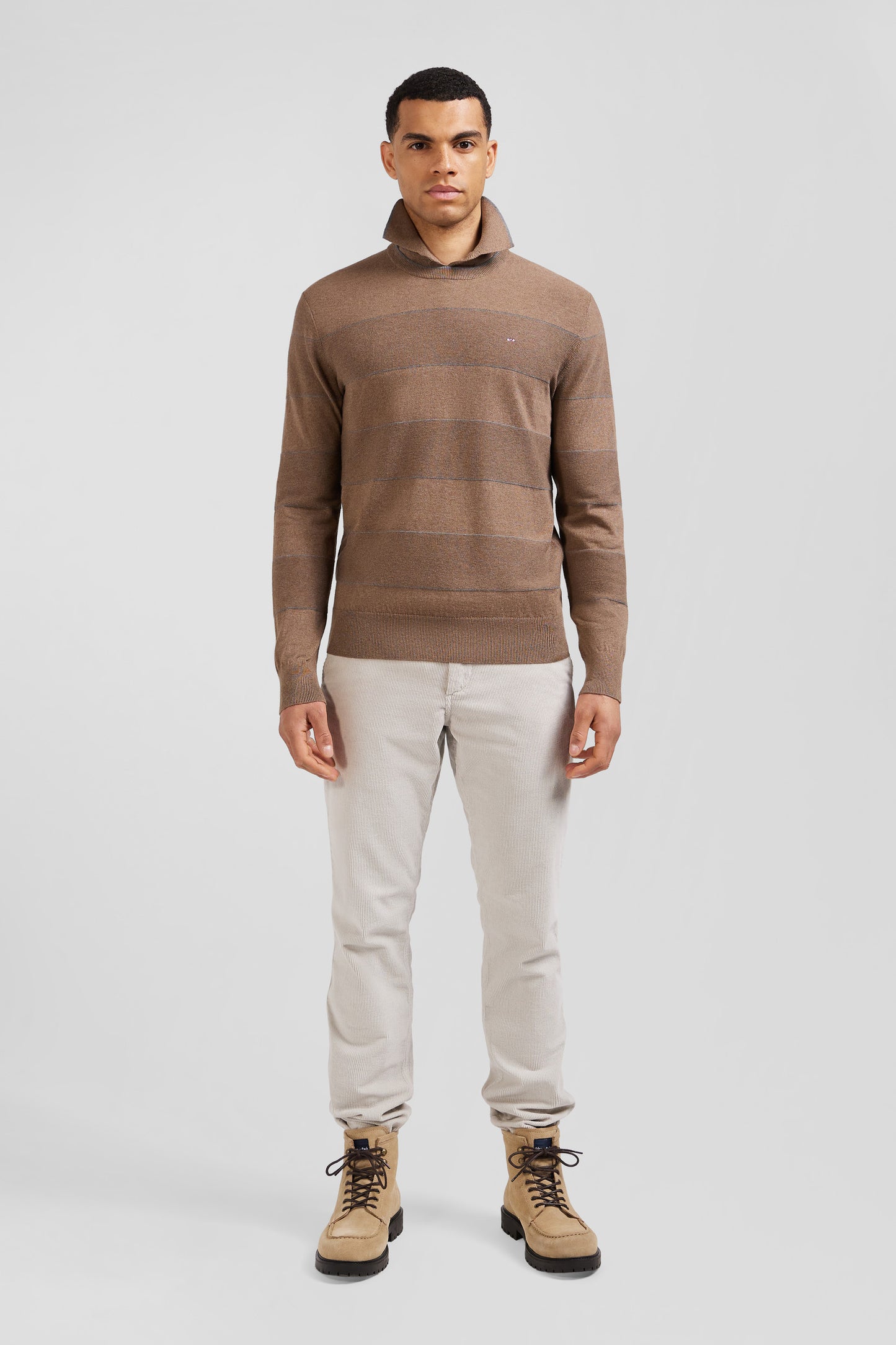 Regular brown striped cotton and cashmere crew neck jumper