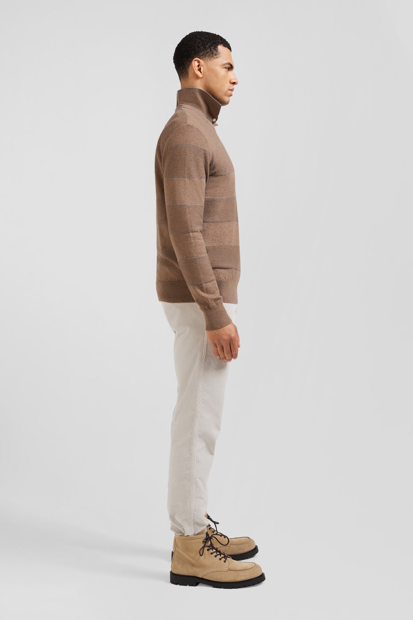 Regular brown striped cotton and cashmere crew neck jumper