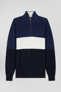 Regular dark blue semi-zipped cotton jumper with knit patterns