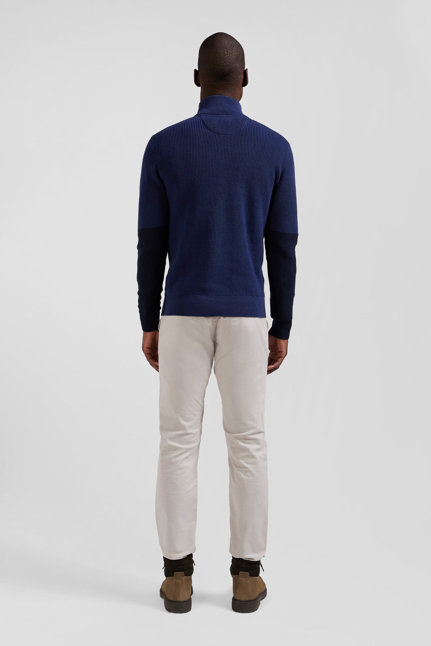 Regular dark blue semi-zipped cotton jumper with knit patterns