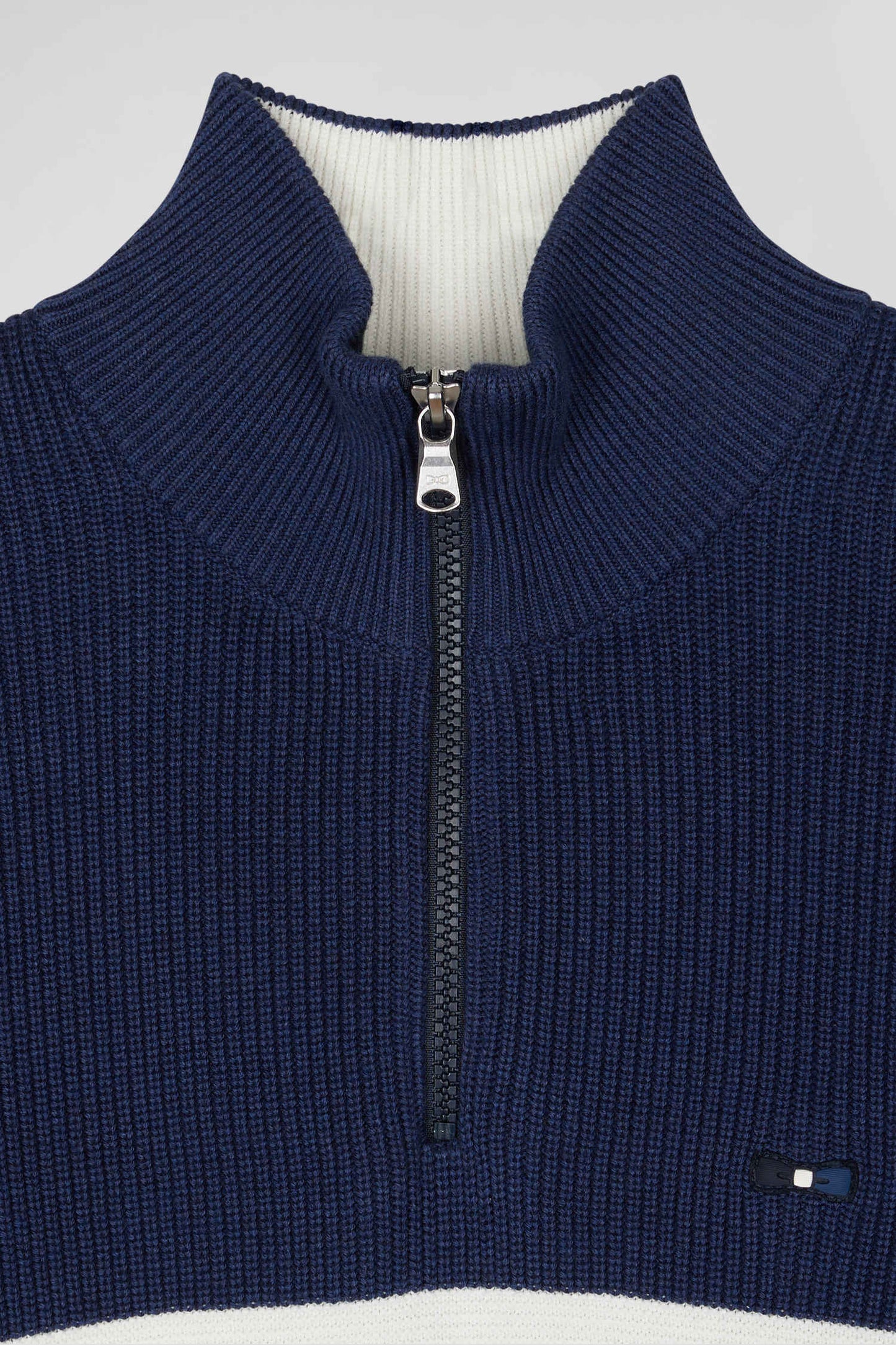 Regular dark blue semi-zipped cotton jumper with knit patterns