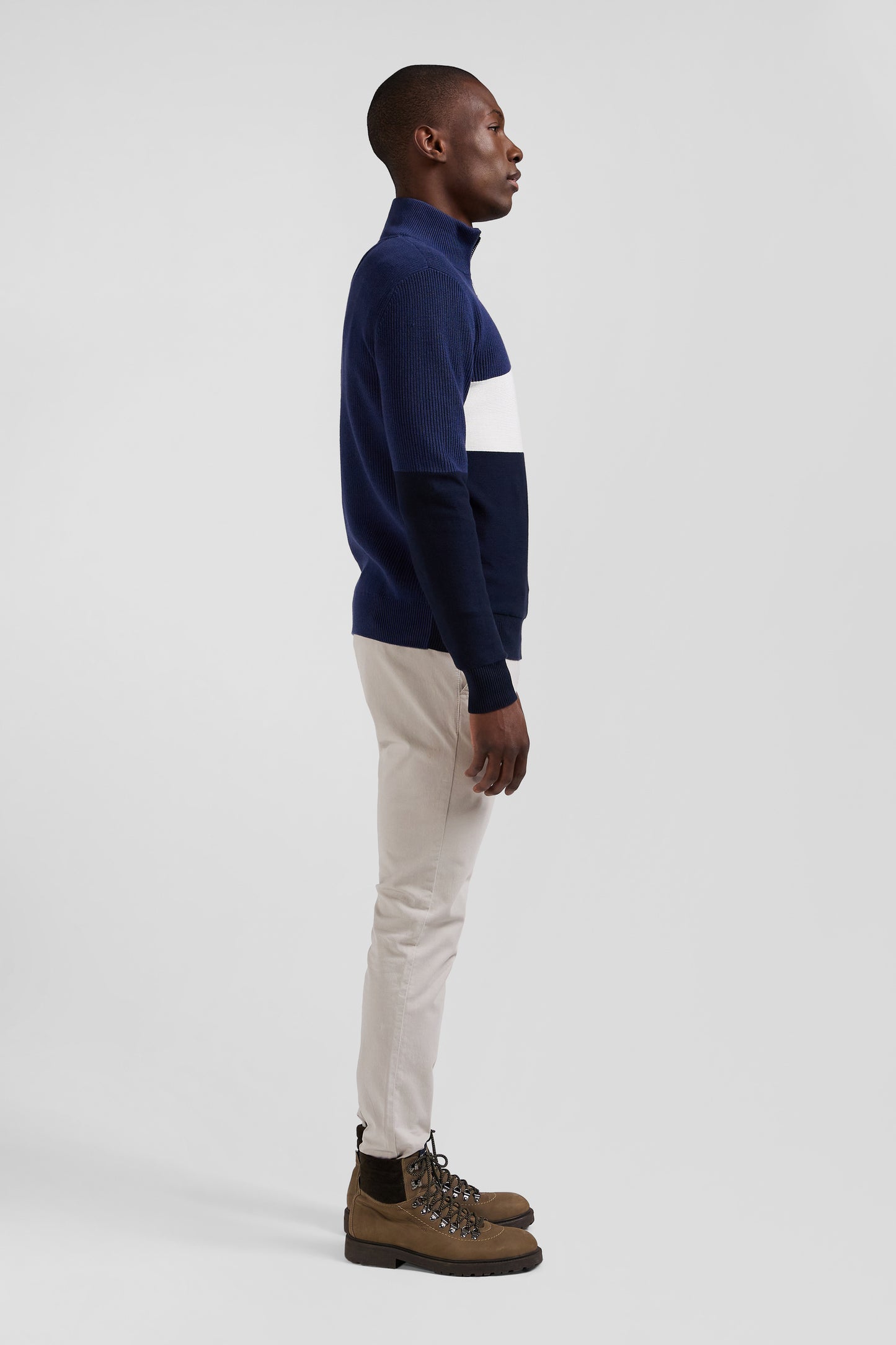 Regular dark blue semi-zipped cotton jumper with knit patterns