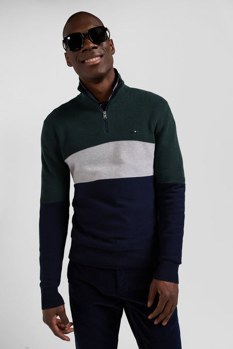 Regular green semi-zipped cotton jumper with knit patterns - Image 3
