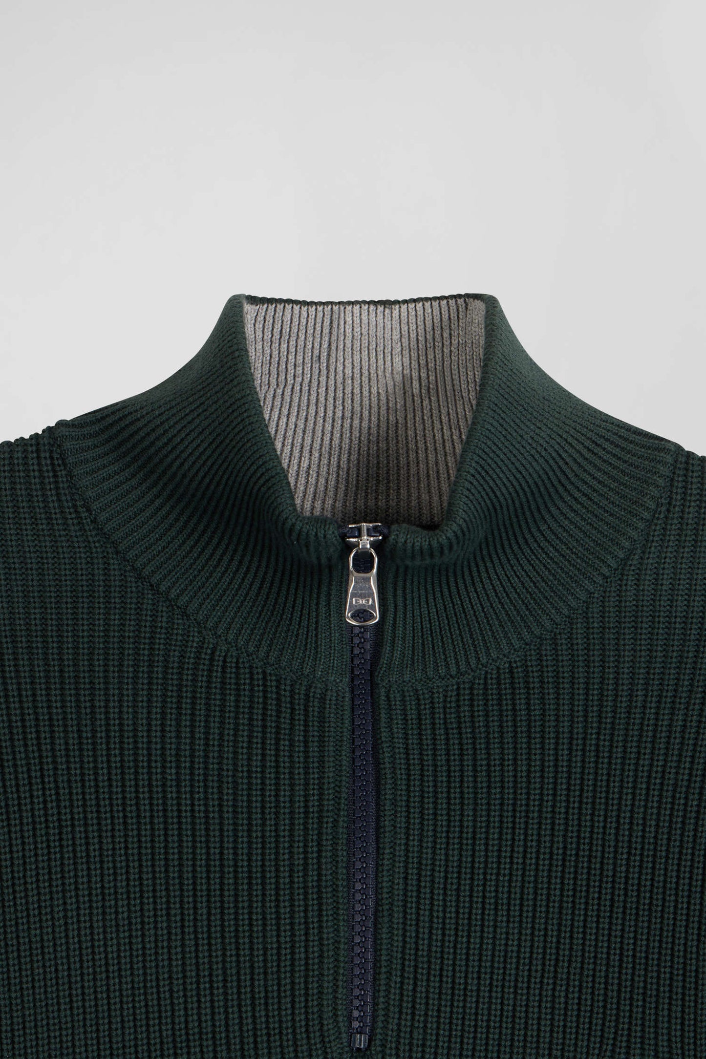 Regular green semi-zipped cotton jumper with knit patterns