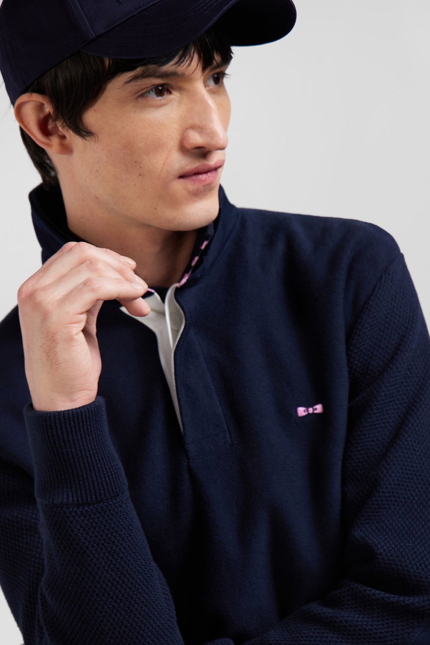 Regular navy blue cotton jumper with N°10 embroidery and rugby shirt collar