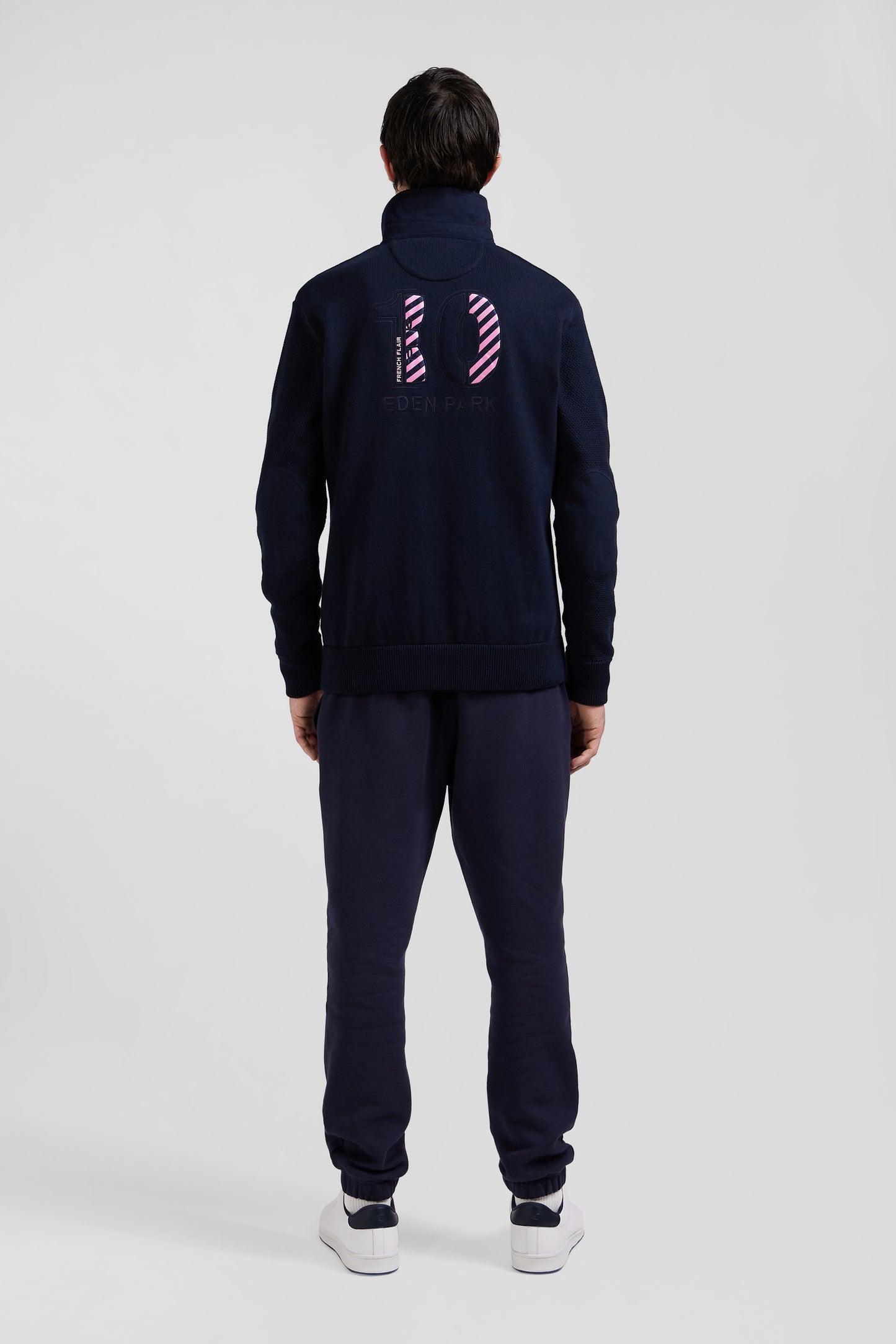 Regular navy blue cotton jumper with N°10 embroidery and rugby shirt collar