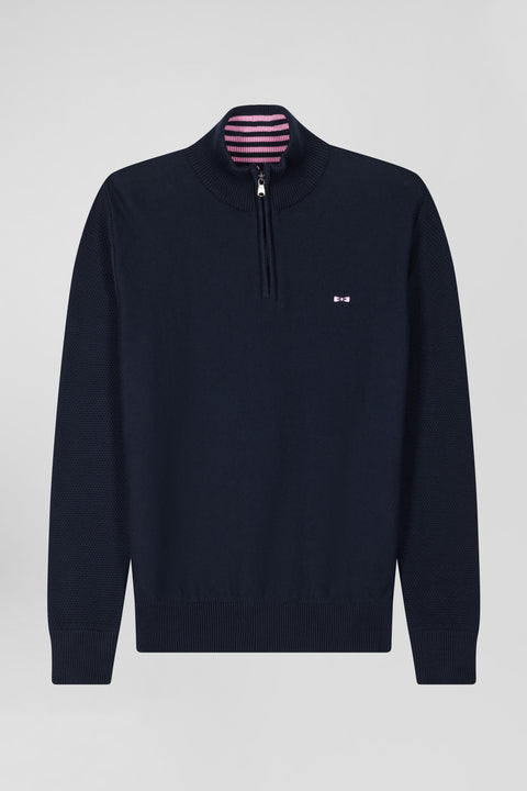 Regular navy blue semi-zipped cotton jumper - Image 2