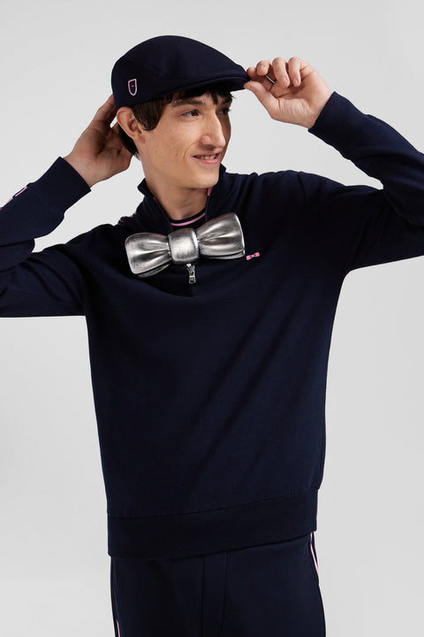 Regular navy semi-zipped cotton jumper with jacquard details - Image 3