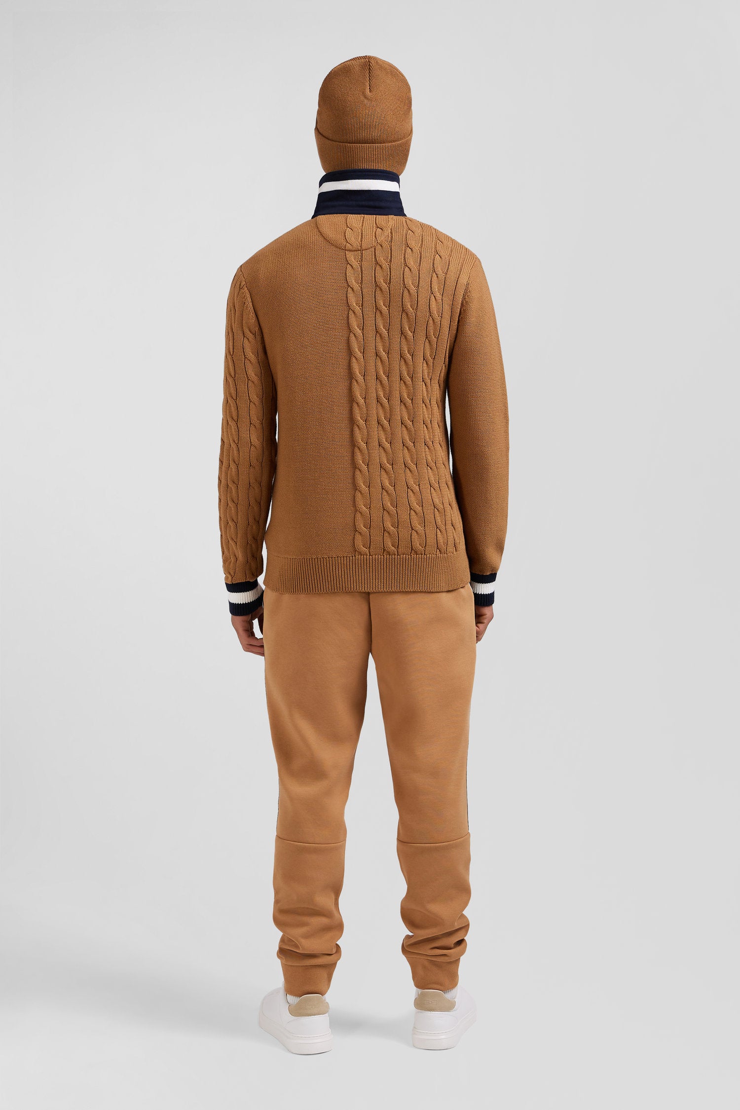 Regular camel cotton jumper with rugby shirt collar