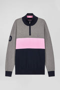 Regular grey embroidered semi-zipped colorblock cotton jumper