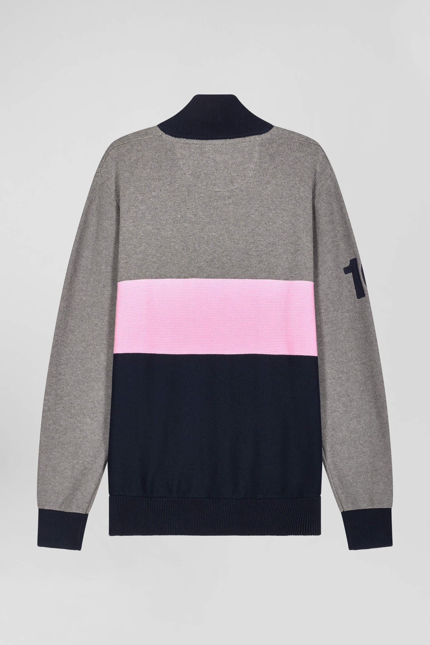 Regular grey embroidered semi-zipped colorblock cotton jumper