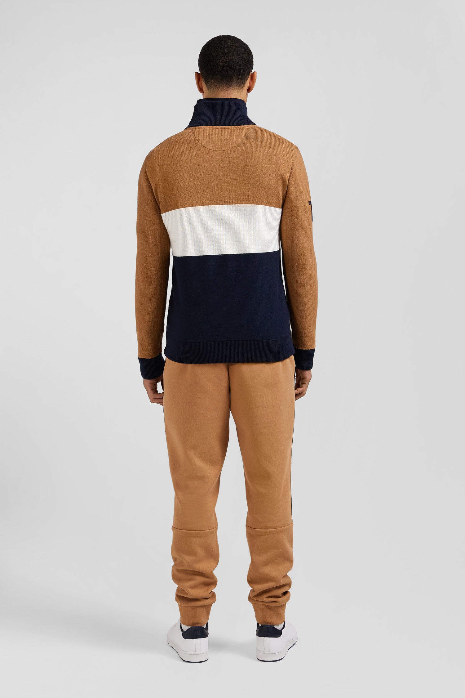 Regular camel embroidered semi-zipped colorblock cotton jumper