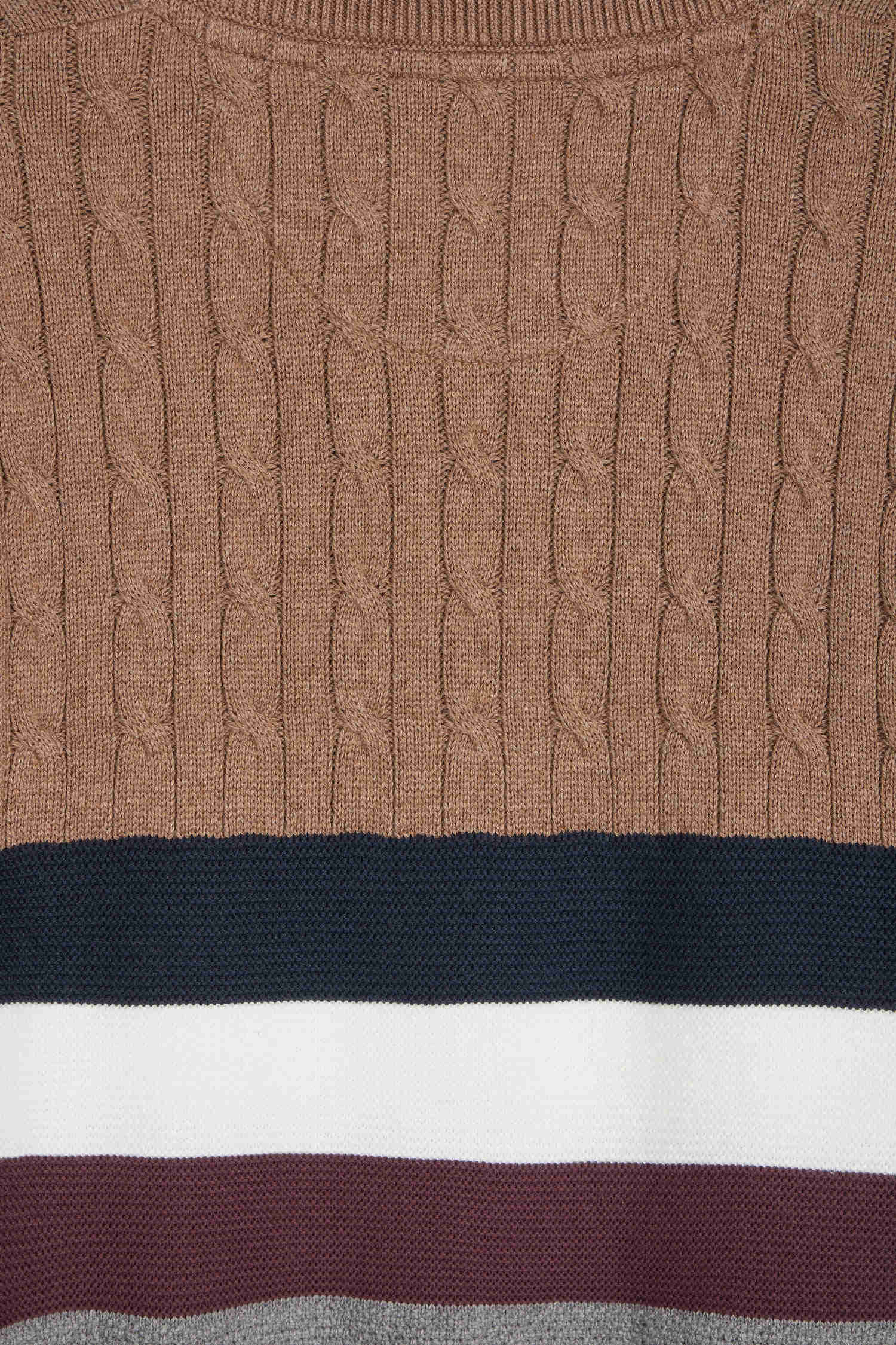 Pull col rond en maille coton fantaisie camel coupe Regular