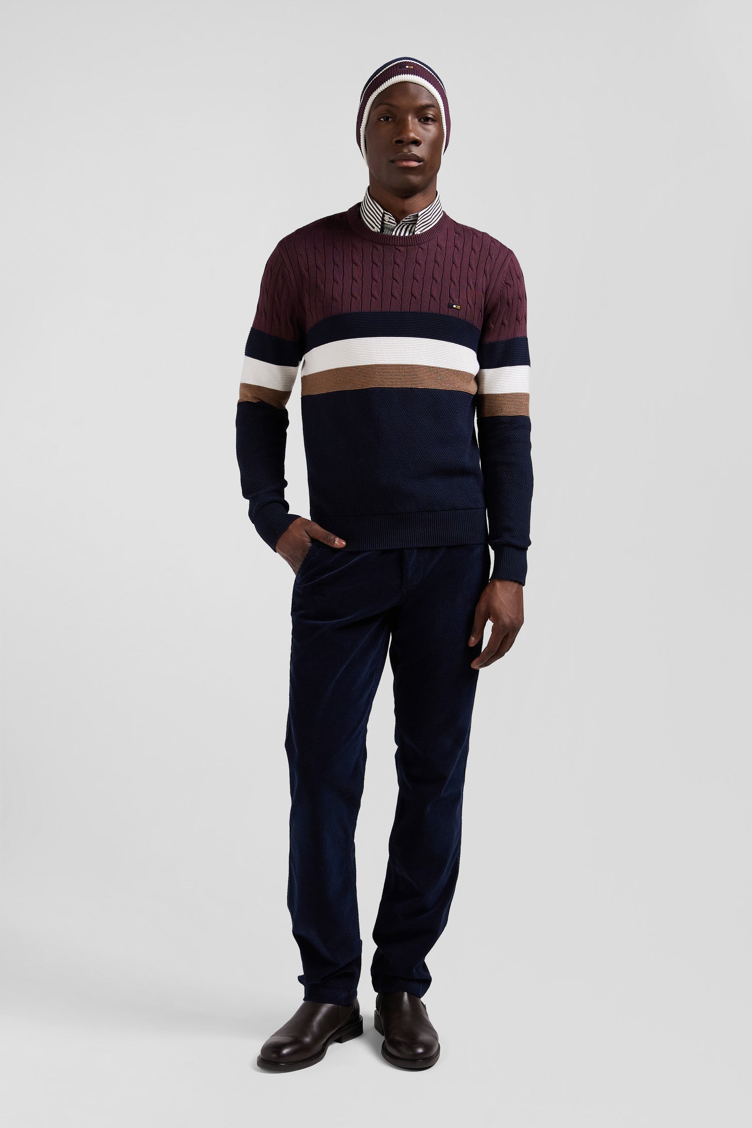 Regular burgundy fancy knit cotton crew neck jumper