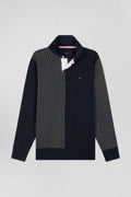 Regular navy blue cotton jumper with houndstooth jacquard and rugby shirt collar