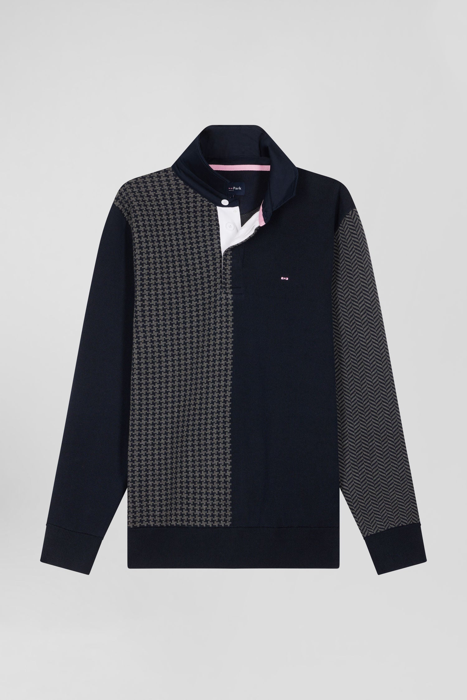 Regular navy blue cotton jumper with houndstooth jacquard and rugby shirt collar