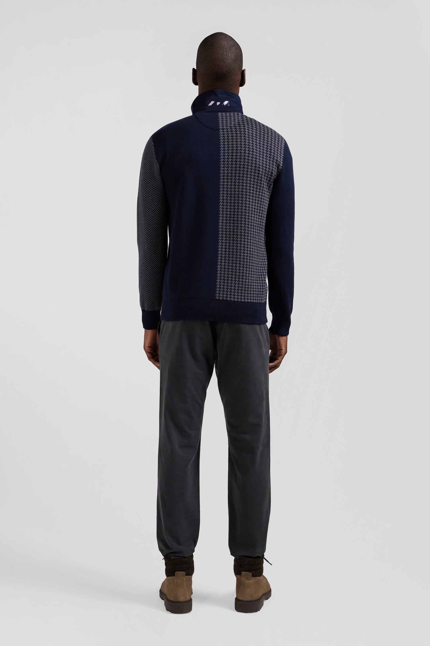 Regular navy blue cotton jumper with houndstooth jacquard and rugby shirt collar