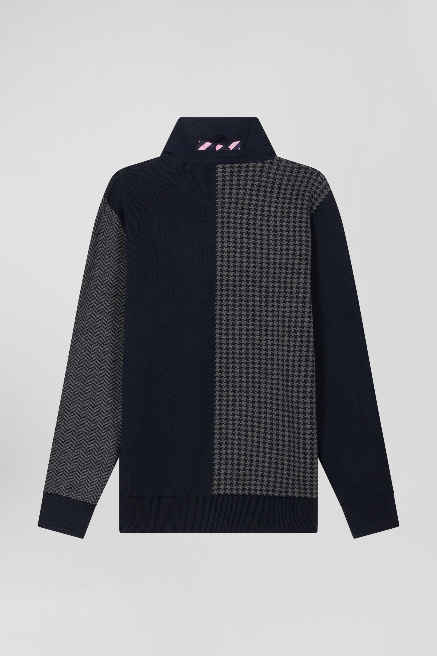 Regular navy blue cotton jumper with houndstooth jacquard and rugby shirt collar