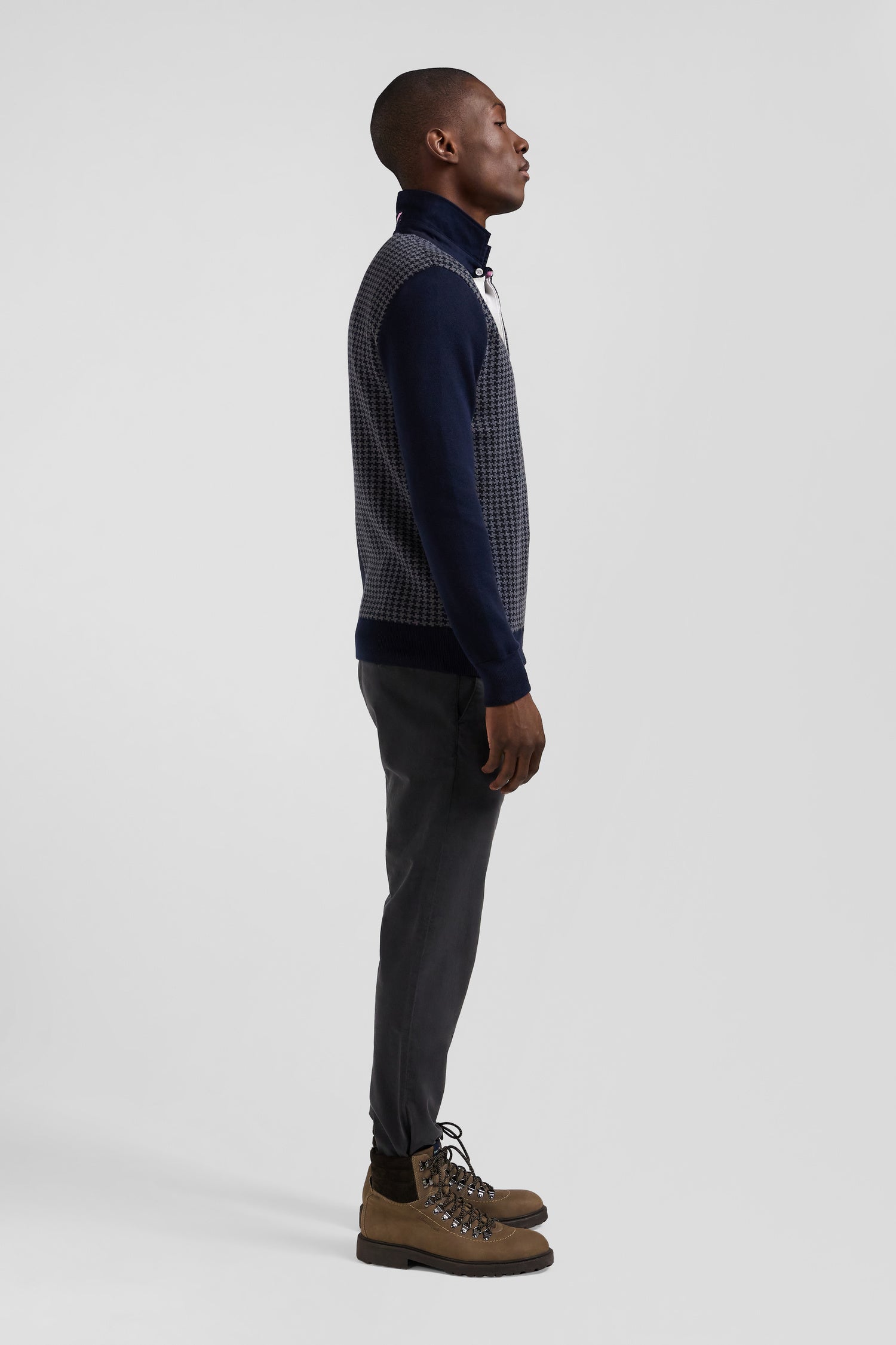 Regular navy blue cotton jumper with houndstooth jacquard and rugby shirt collar