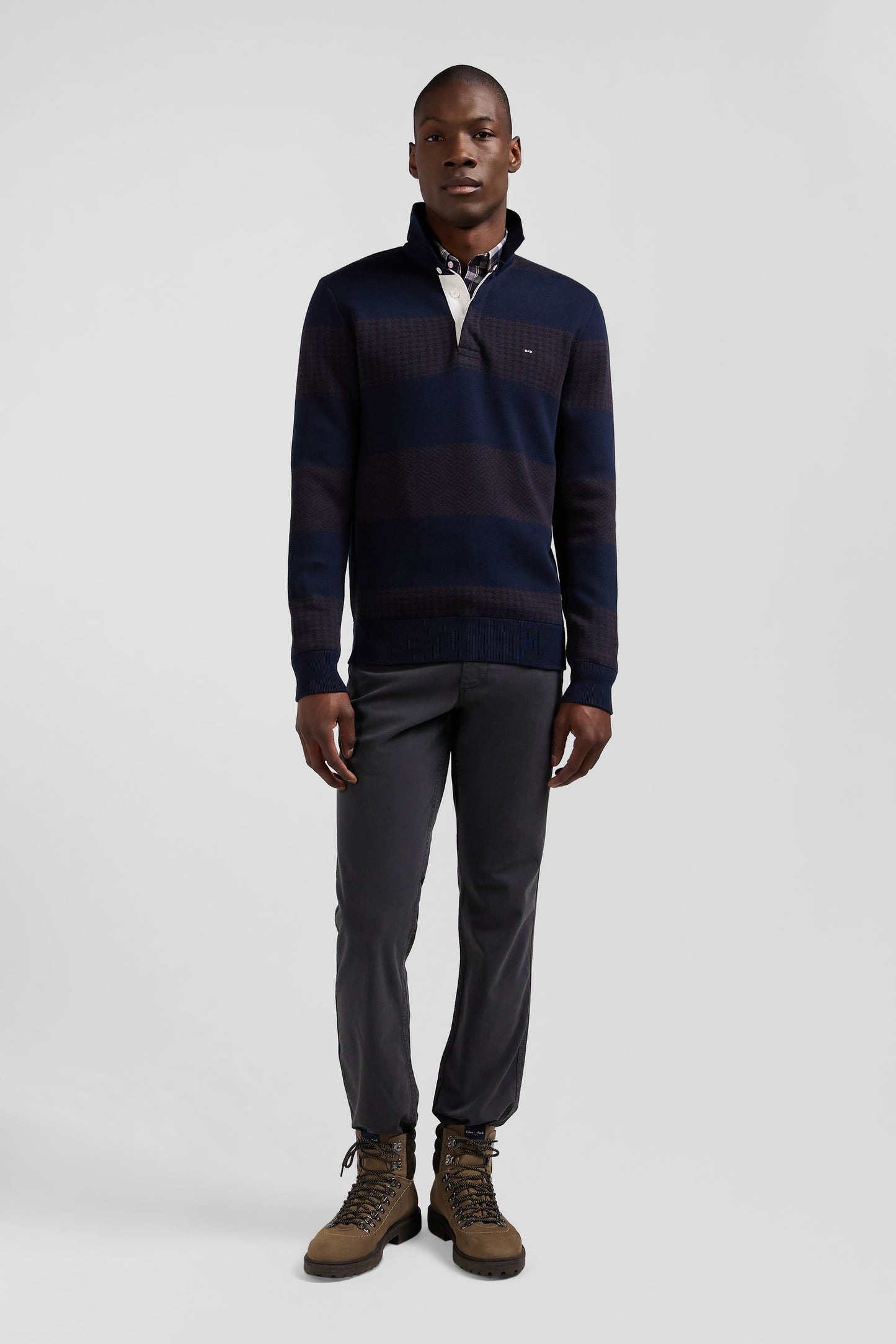 Regular brown striped cotton jumper with houndstooth jacquard and rugby shirt collar