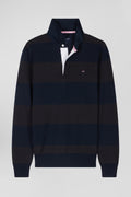 Regular brown striped cotton jumper with houndstooth jacquard and rugby shirt collar