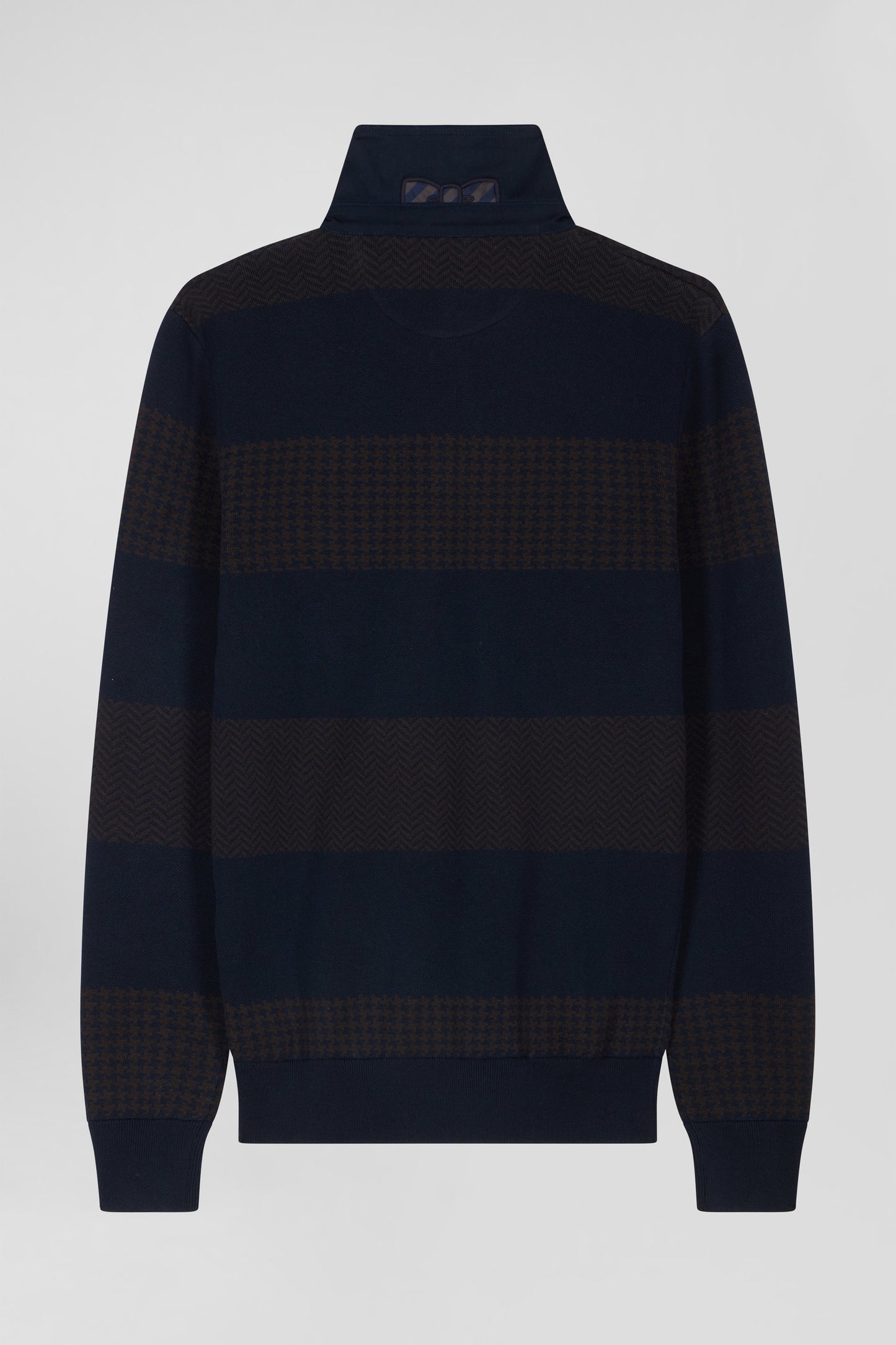 Regular brown striped cotton jumper with houndstooth jacquard and rugby shirt collar