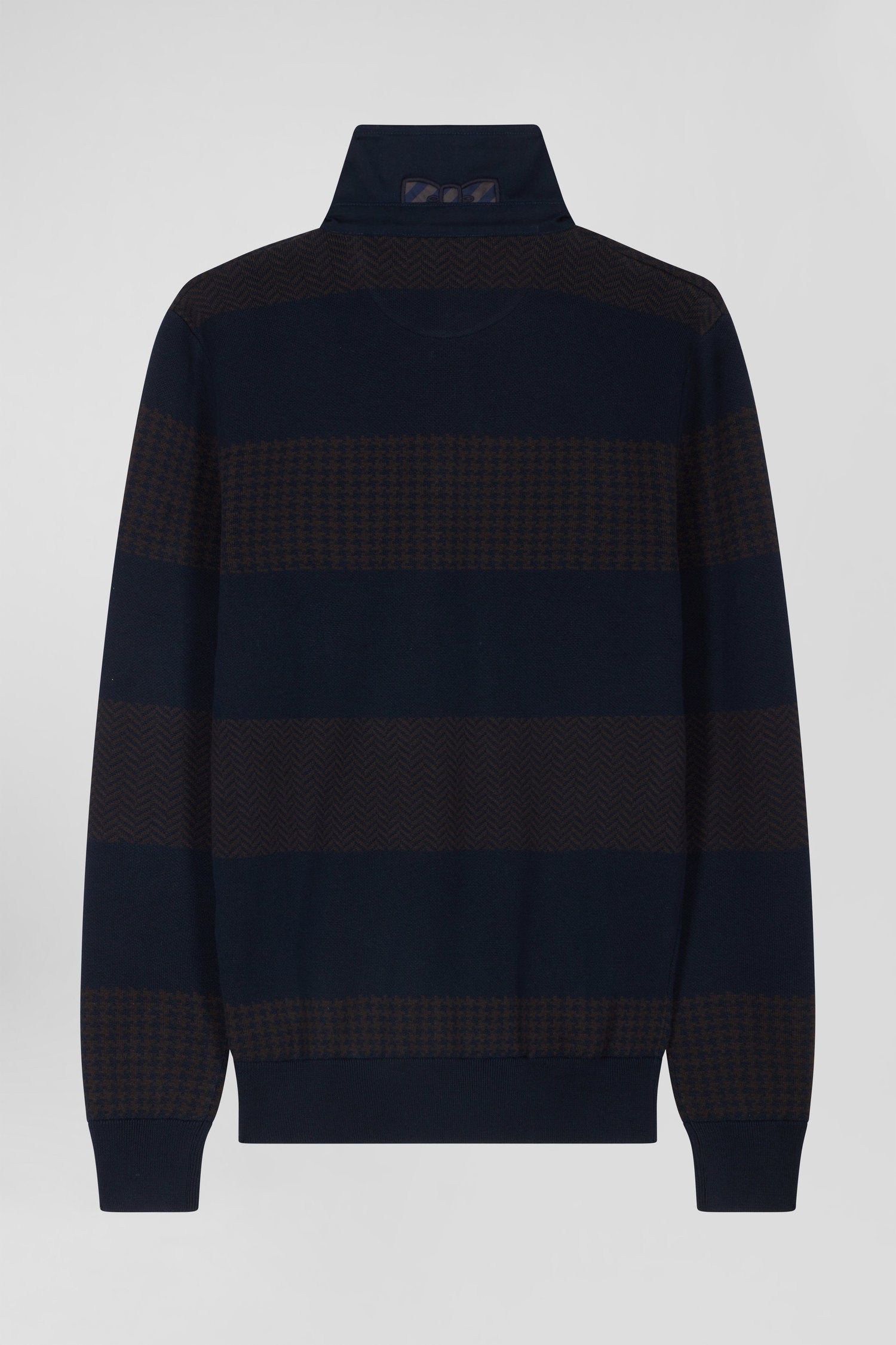 Regular brown striped cotton jumper with houndstooth jacquard and rugby shirt collar