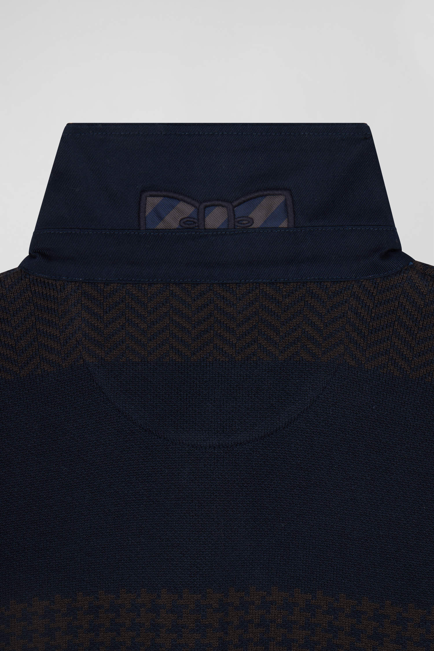 Regular brown striped cotton jumper with houndstooth jacquard and rugby shirt collar