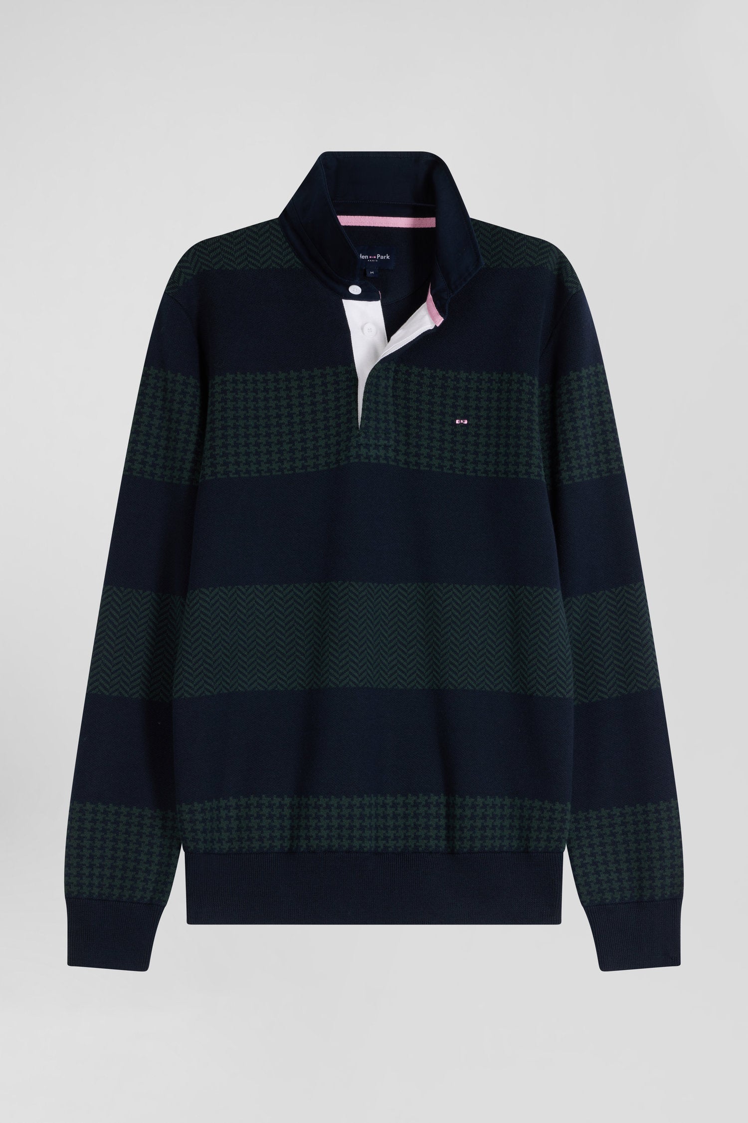 Regular green striped cotton jersey jumper with houndstooth jacquard and and rugby shirt collar