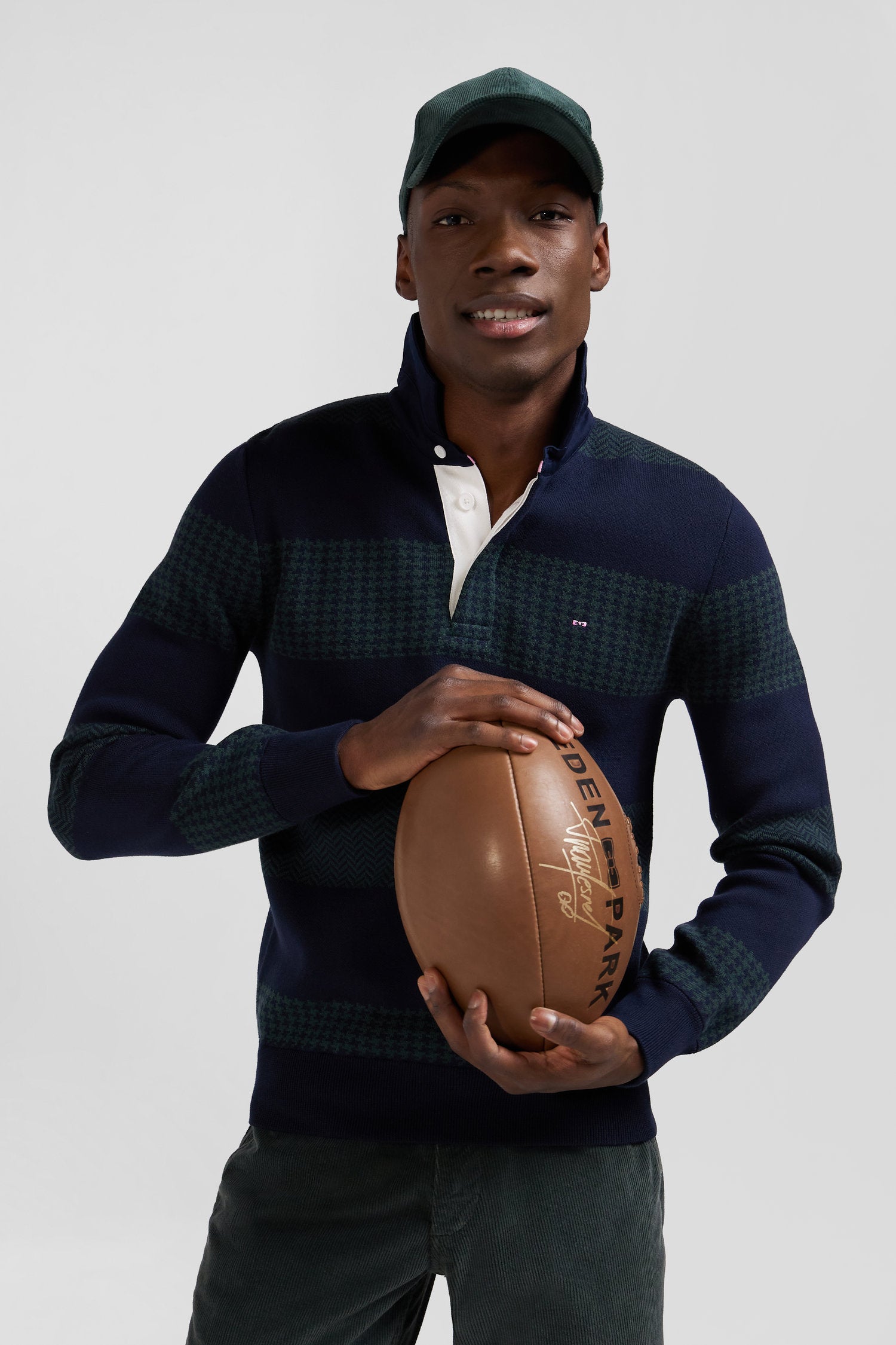 Regular green striped cotton jersey jumper with houndstooth jacquard and and rugby shirt collar