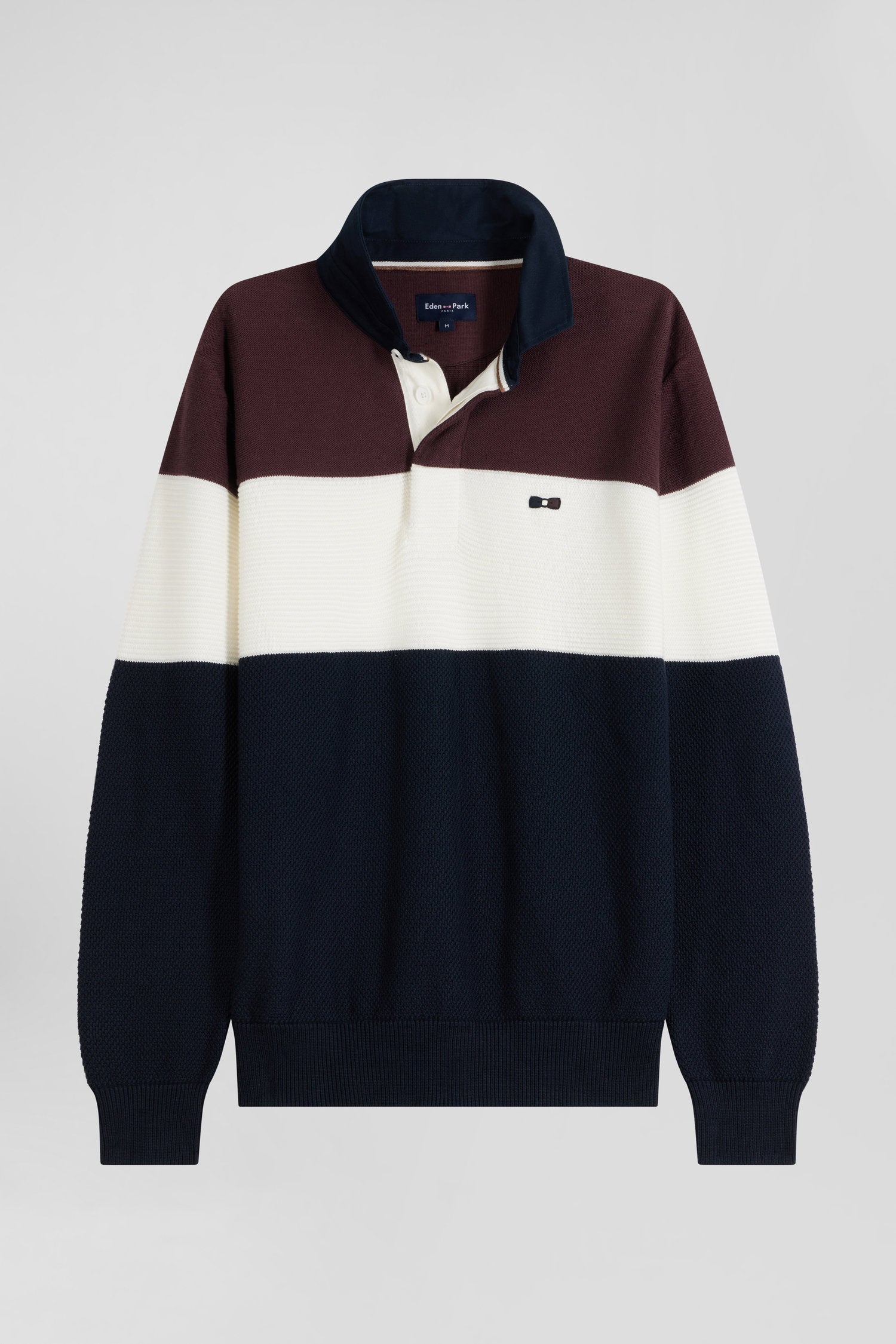 Regular burgundy wool and cotton jumper with knit patterns and rugby shirt collar