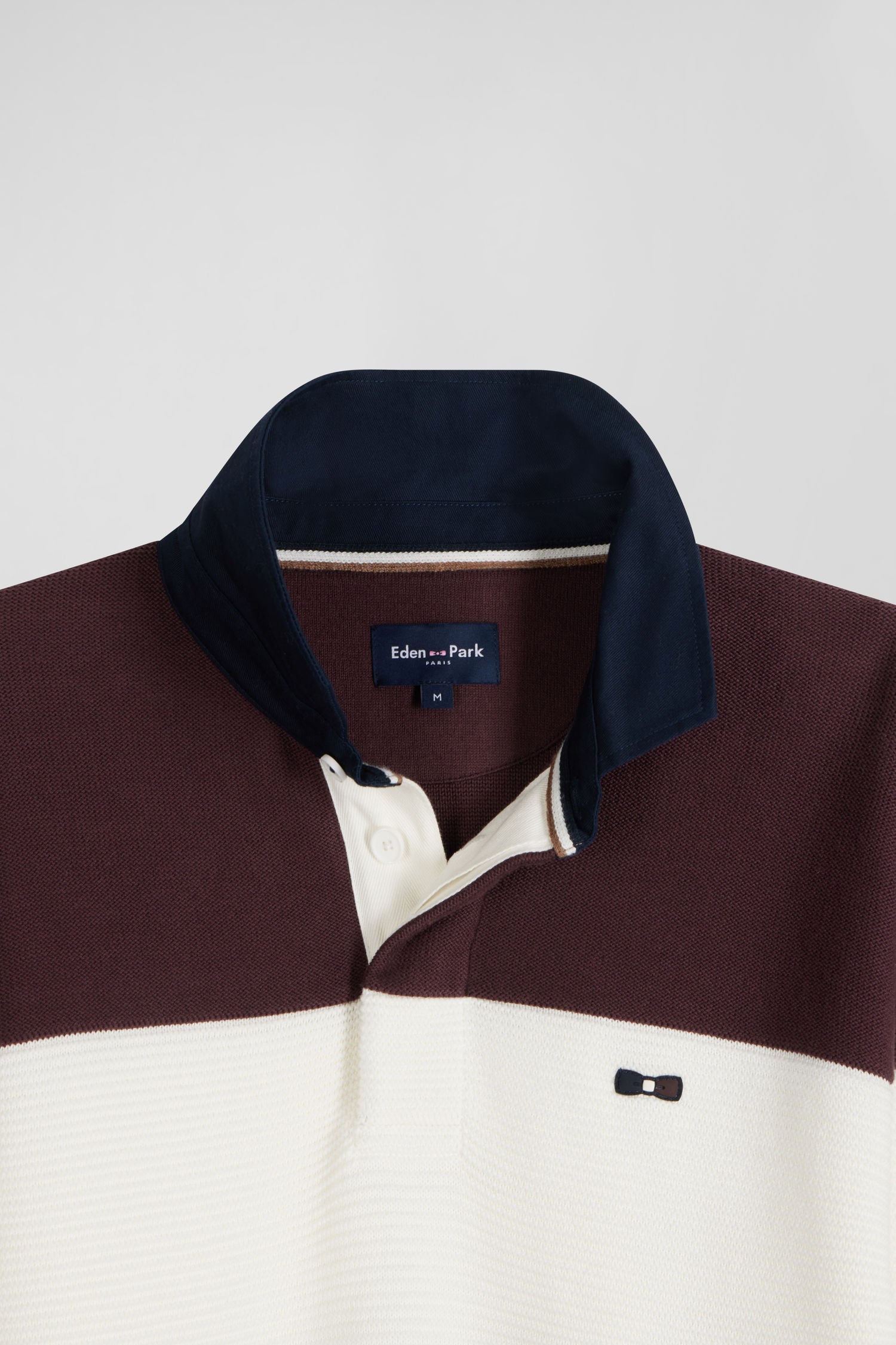 Regular burgundy wool and cotton jumper with knit patterns and rugby shirt collar