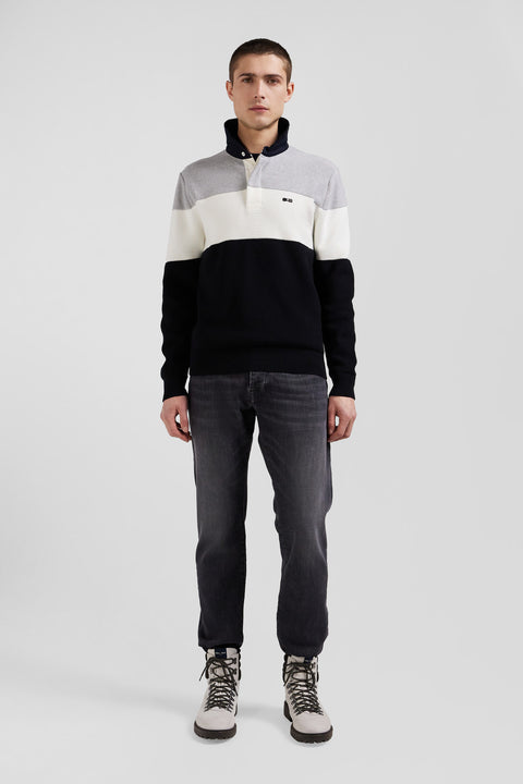 Regular grey wool and cotton jumper with knit patterns and rugby shirt collar - Image 1
