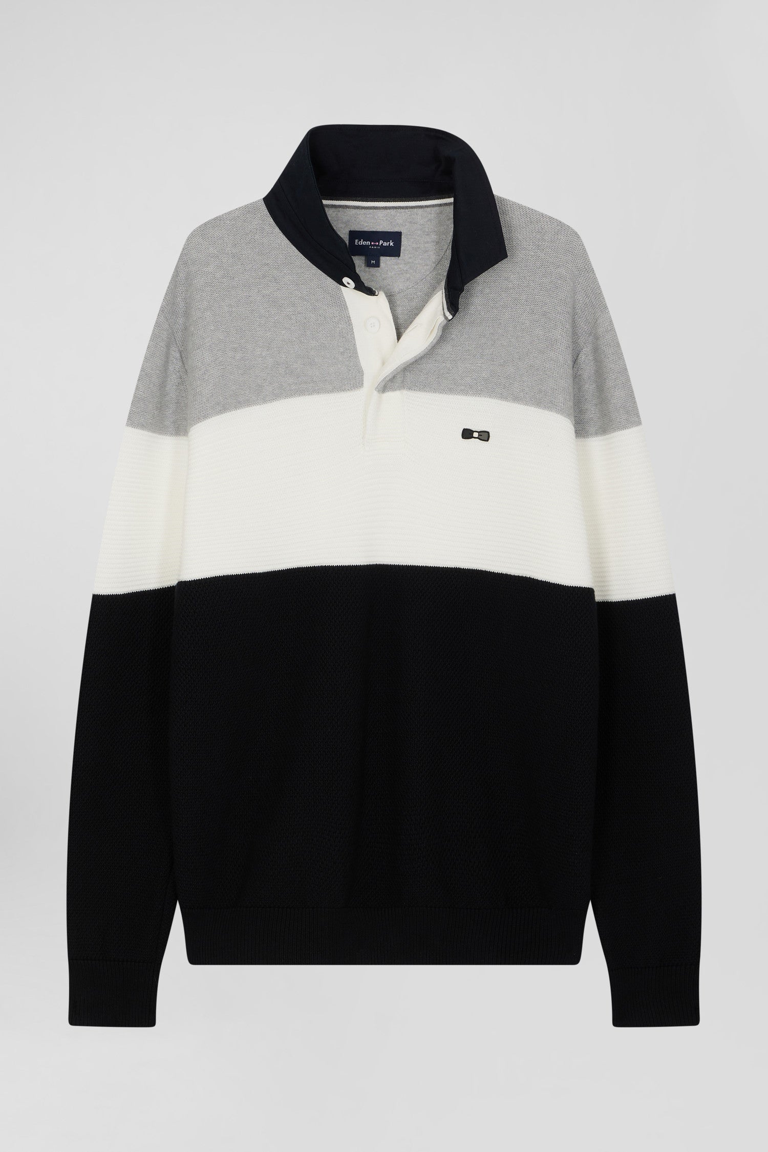 Regular grey wool and cotton jumper with knit patterns and rugby shirt collar