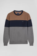 Regular grey and camel cotton crew neck jumper with knit patterns