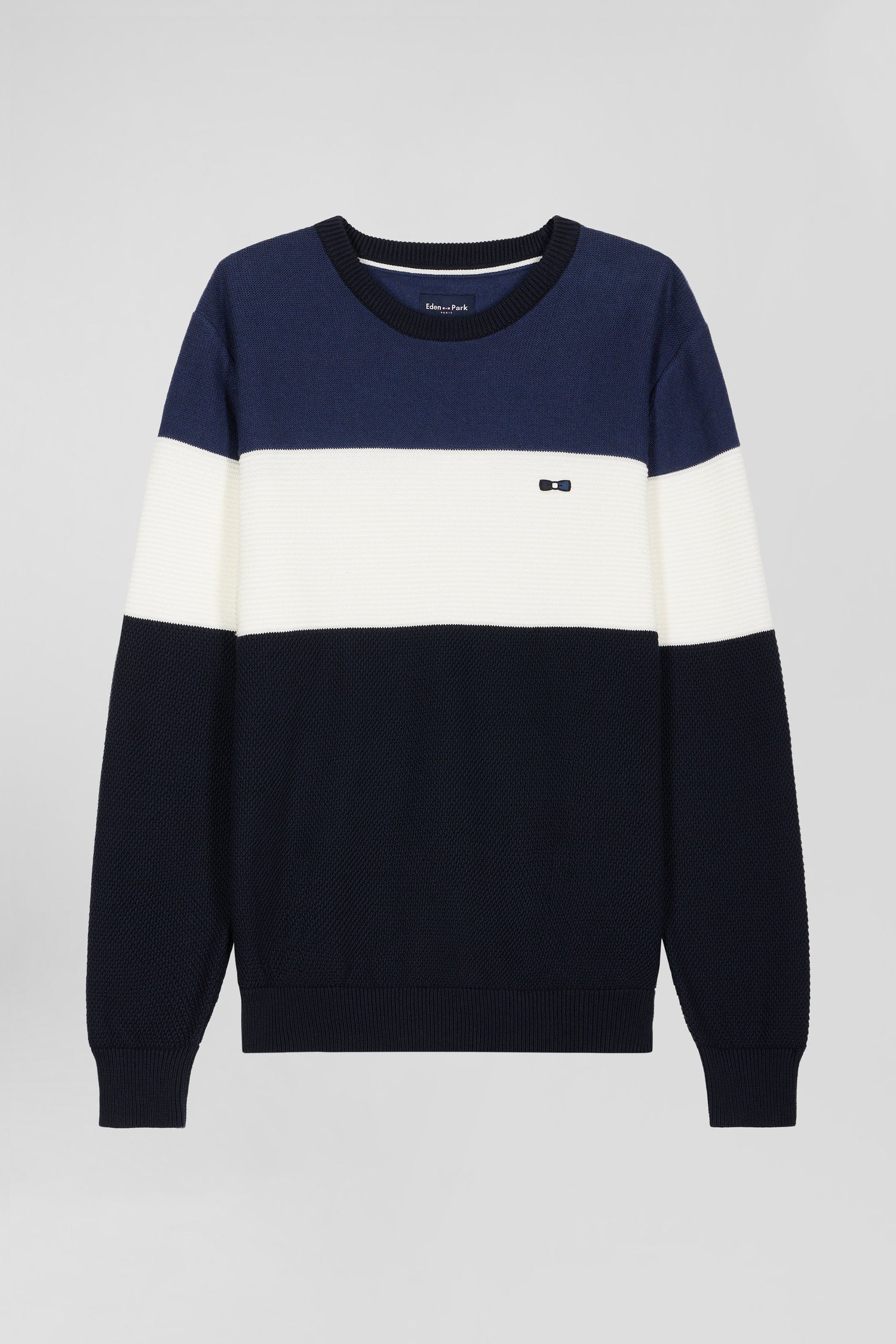 Regular navy and blue cotton crew neck jumper with knit patterns