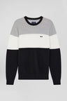 Regular grey and white cotton crew neck jumper with knit patterns