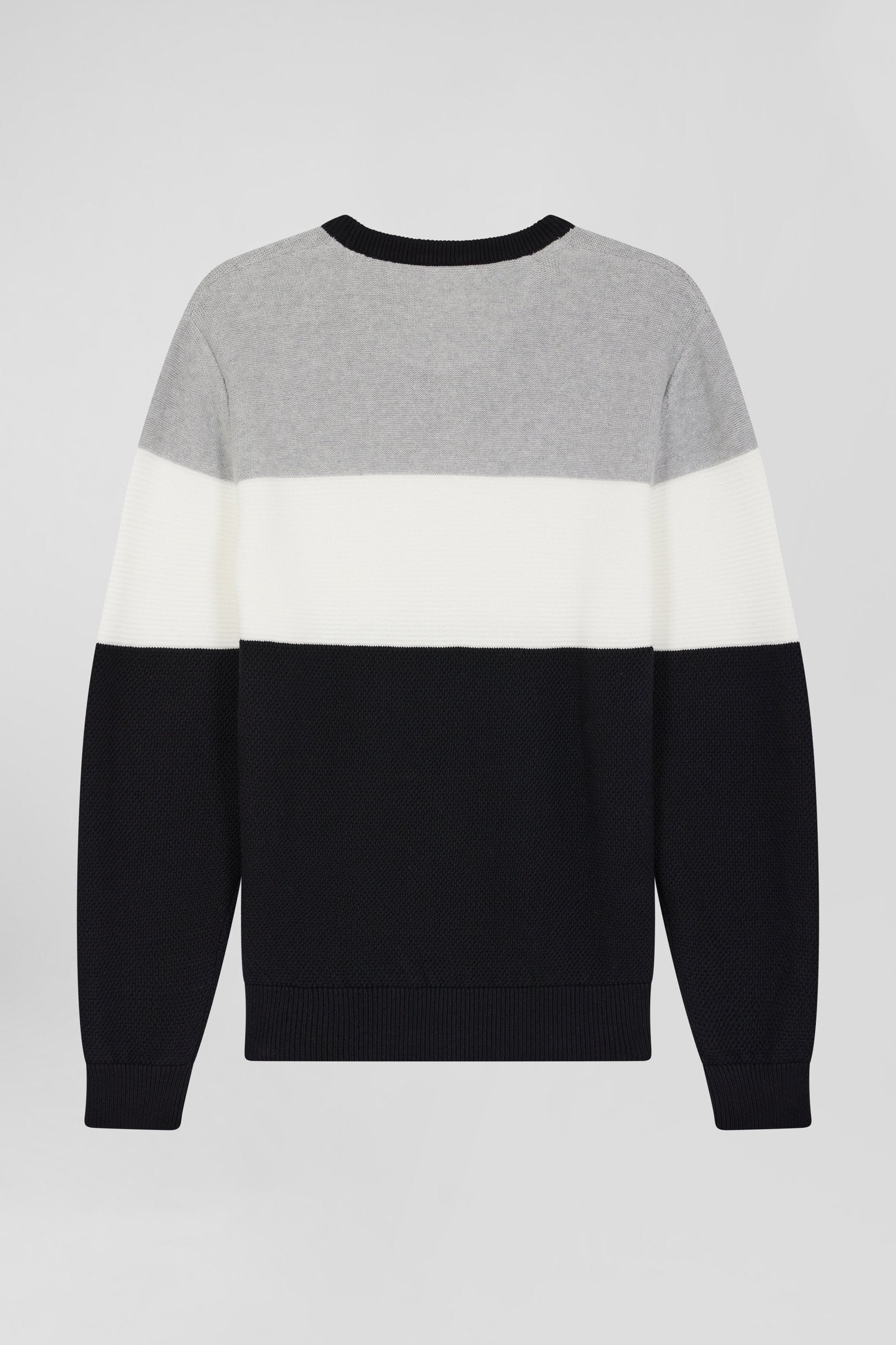 Regular grey and white cotton crew neck jumper with knit patterns