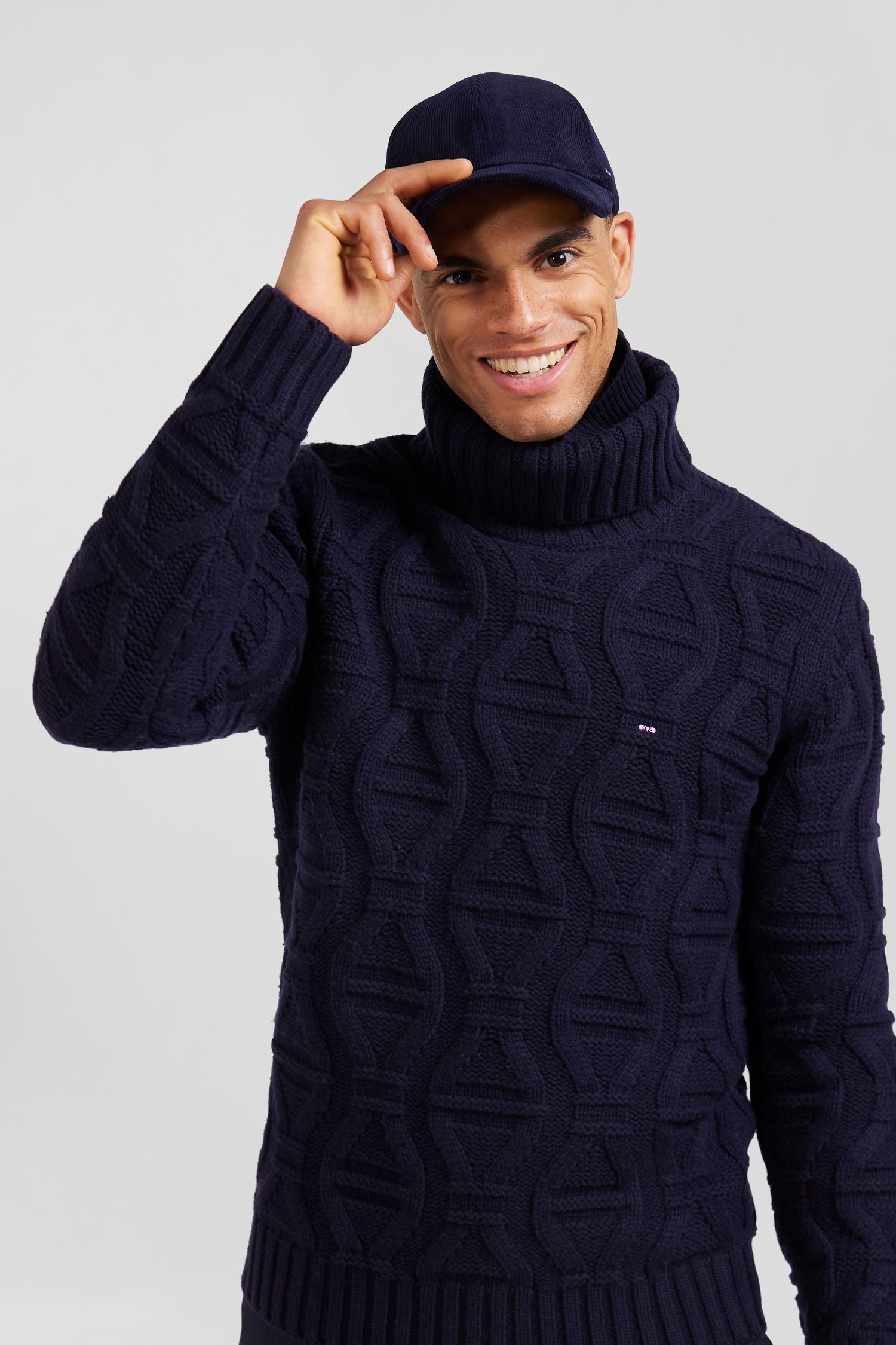 Regular navy blue virgin wool and recycled polyamide turtleneck jumper with 3D knitting